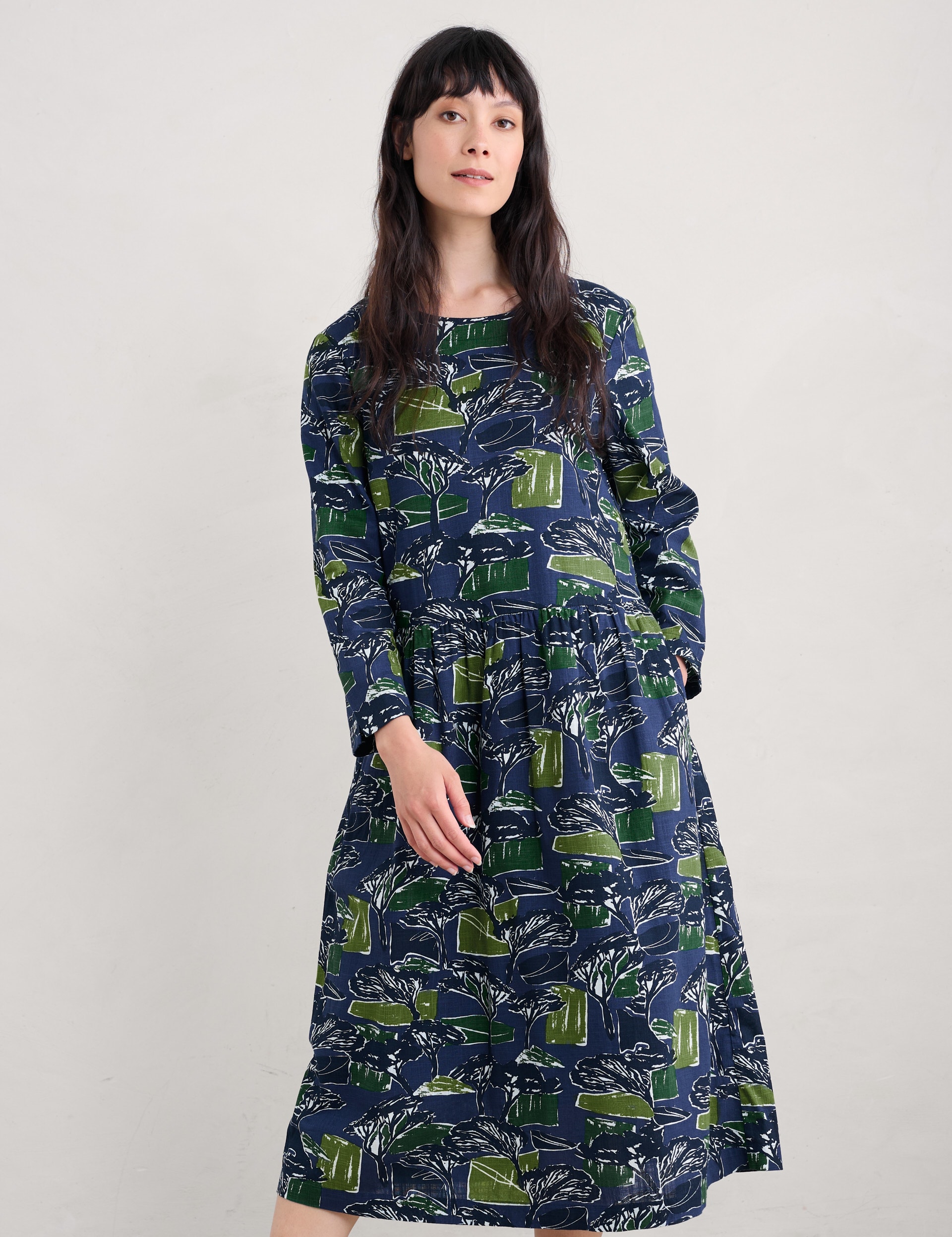 Seasalt Cornwall Women's Pure Cotton Printed Midi Waisted Dress - 14REG - Navy Mix, Navy Mix