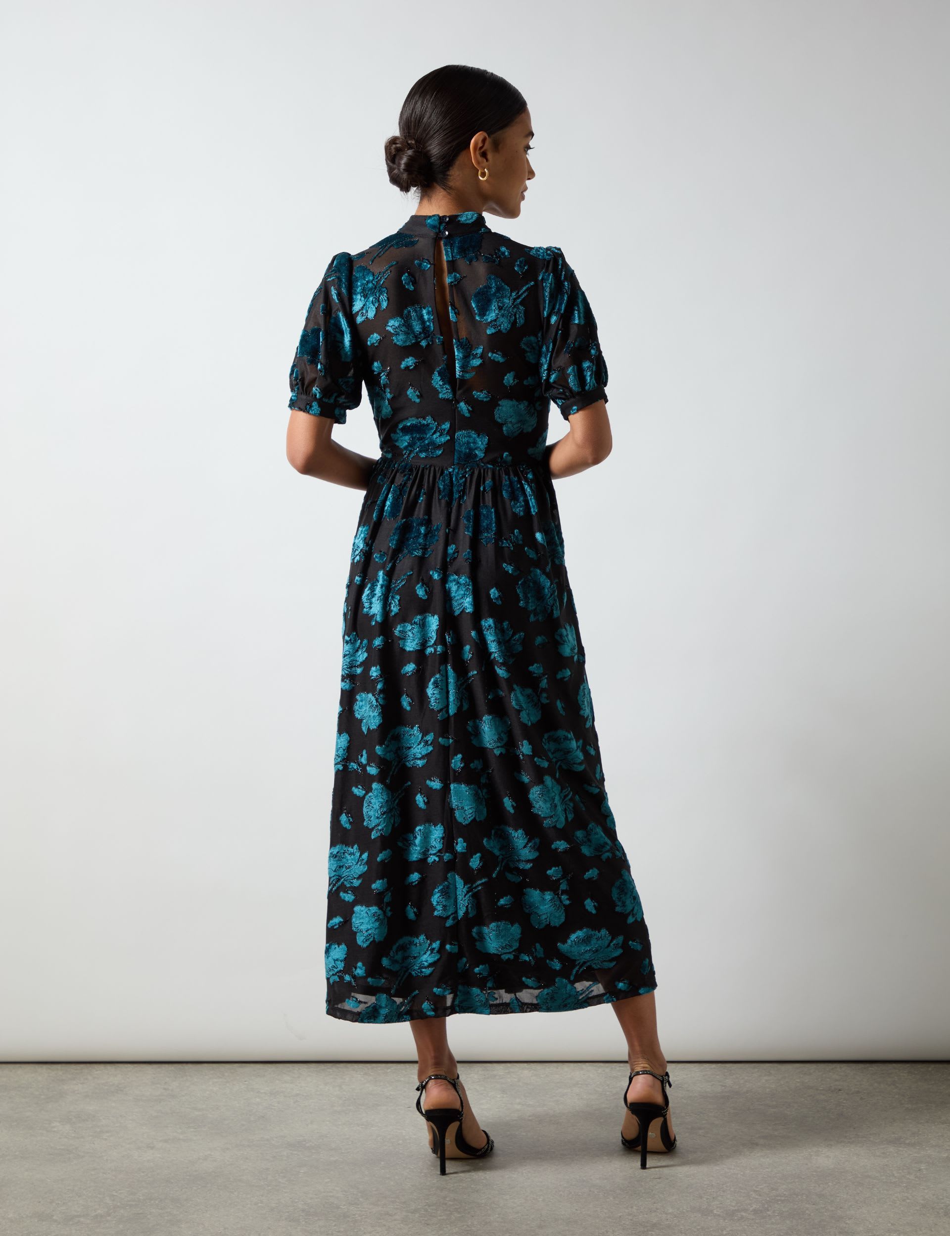 Ro&Zo Women's Floral High Neck Midi Tea Dress - 10REG - Teal Mix, Teal Mix