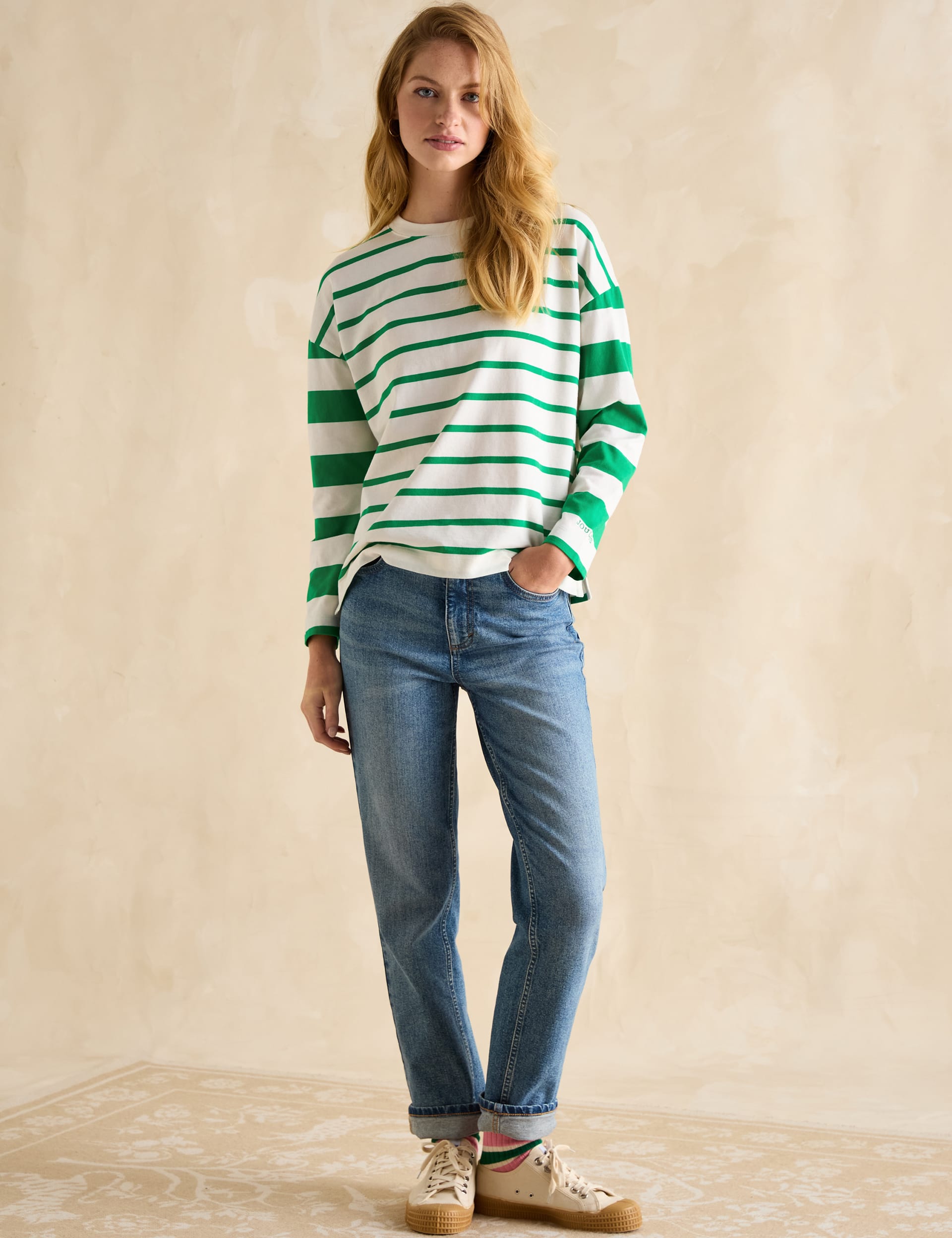 Joules Women's Pure Cotton Striped Crew Neck Top - 16 - Green Mix, Green Mix