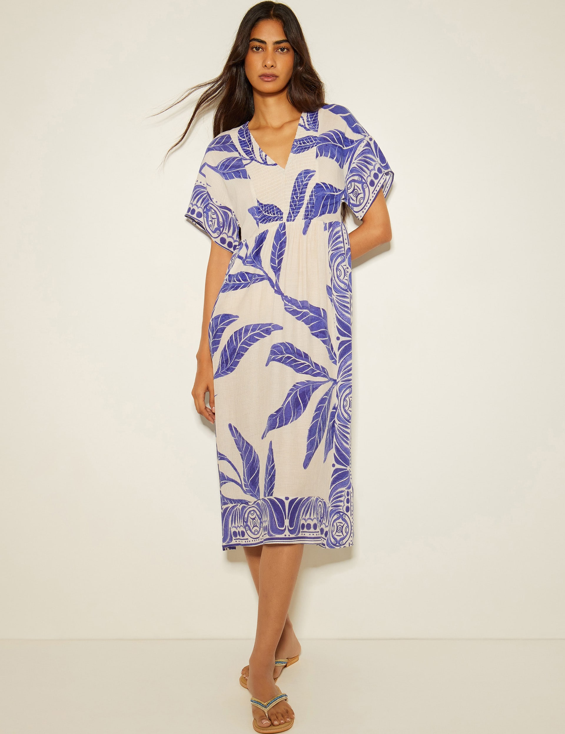 Monsoon Women's Printed V-Neck Midi Shirred Beach Dress - White Mix, White Mix