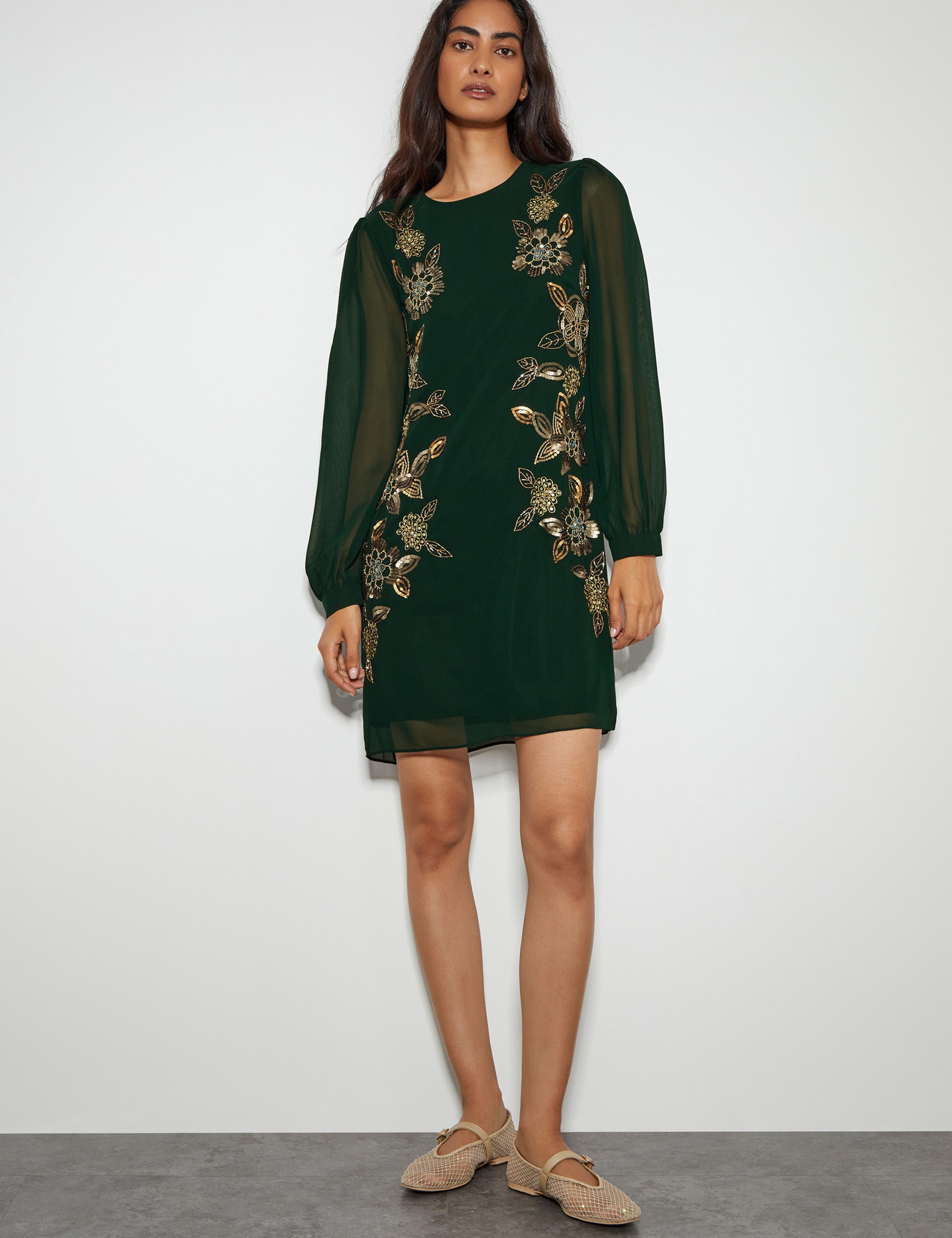 Monsoon Women's Embellished Blouson Sleeve Mini Smock Dress - 8 - Green Mix, Green Mix