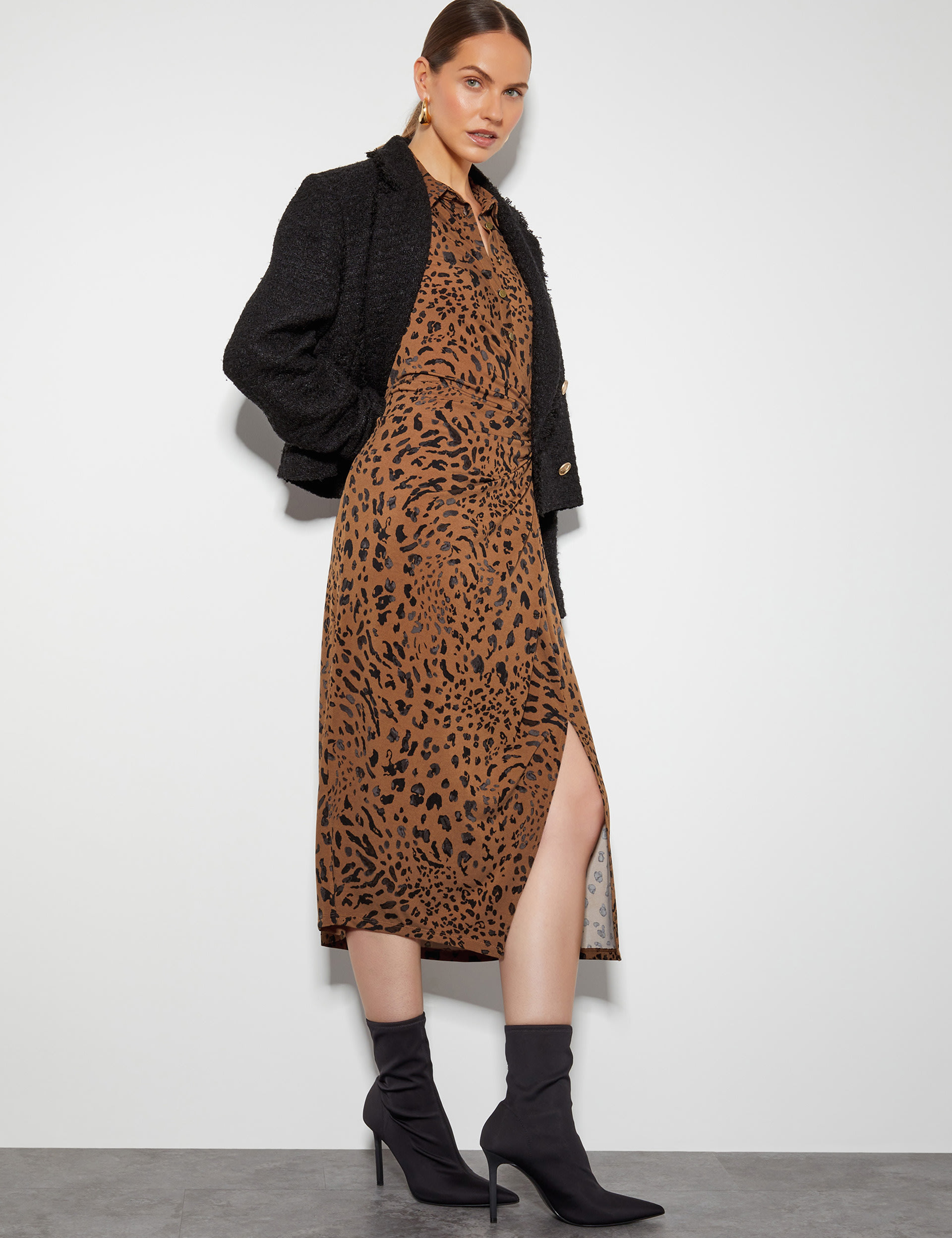 Monsoon Women's Jersey Animal Print Midi Shirt Dress - 10 - Brown Mix, Brown Mix