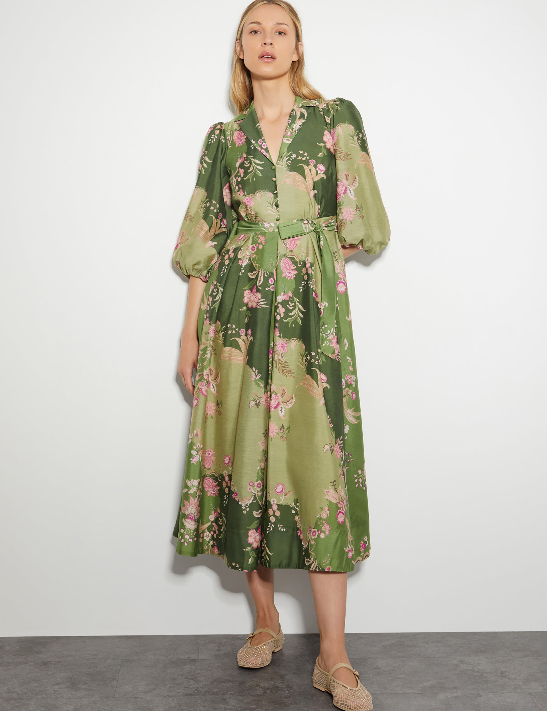 Monsoon Women's Satin Floral Belted Midi Shirt Dress - 10 - Green Mix, Green Mix