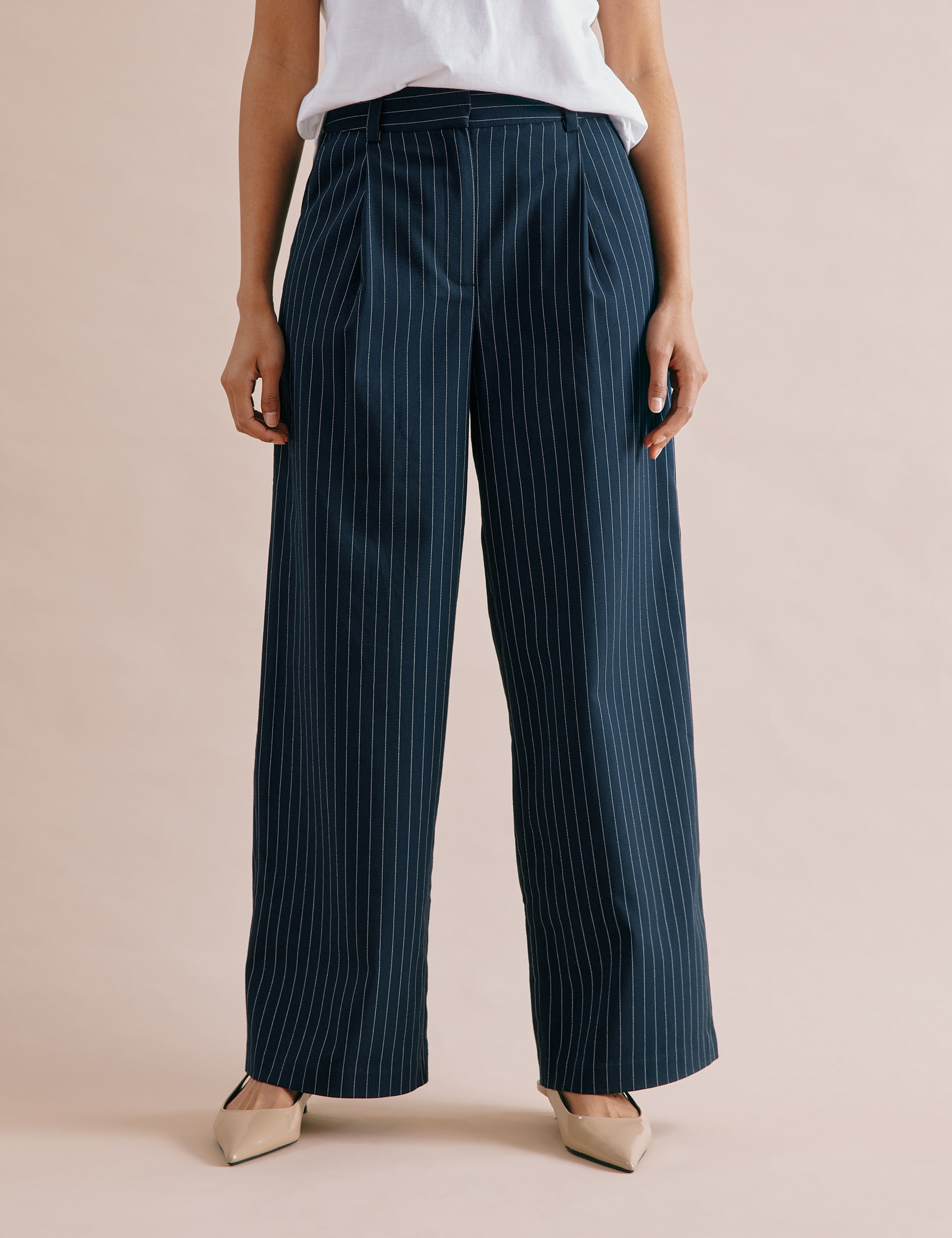 Albaray Women's Pinstripe Pleat Front Wide Leg Trousers - 12 - Navy, Navy