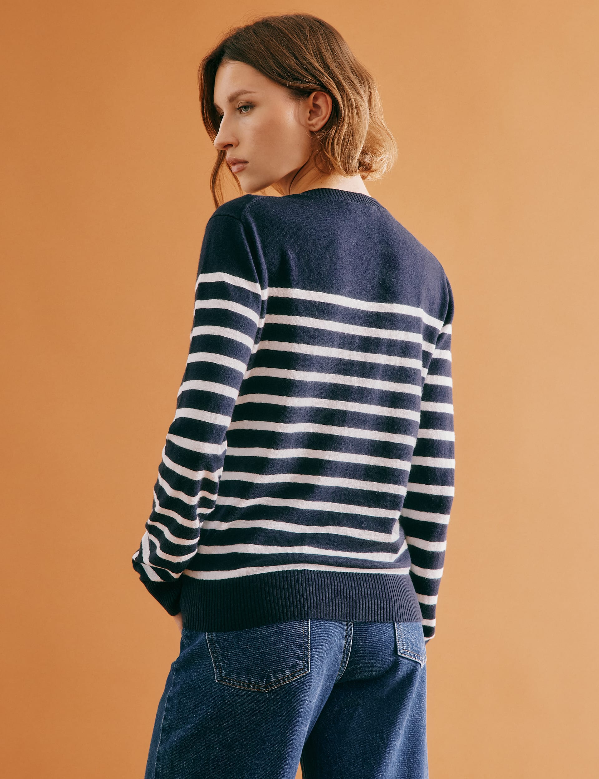 Albaray Women's Cotton Blend Striped Jumper with Wool - 8 - Navy, Navy