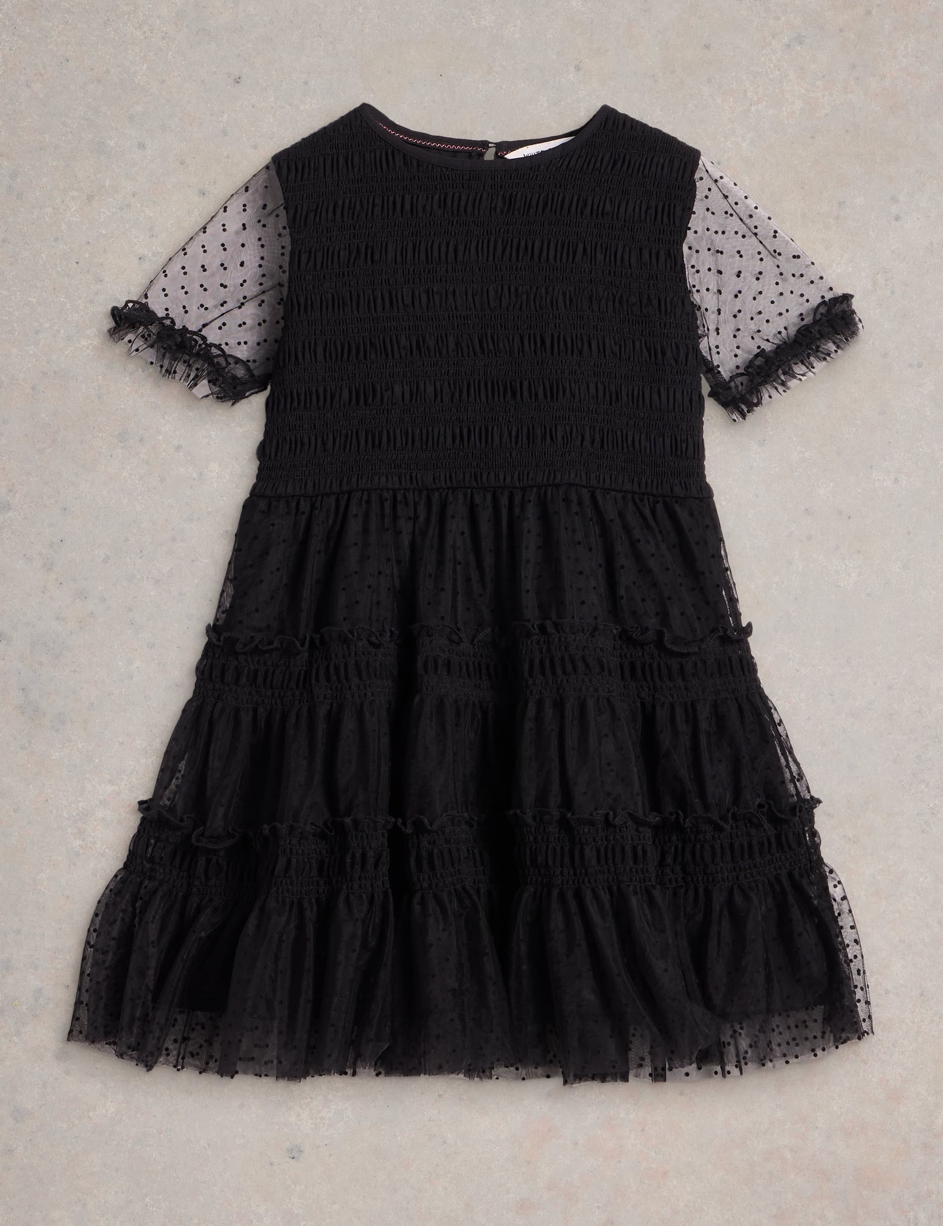 White Stuff Girls Spotted Mesh Frill Tiered Party Dress (3-10 Yrs) - 3-4 Y - Black, Black