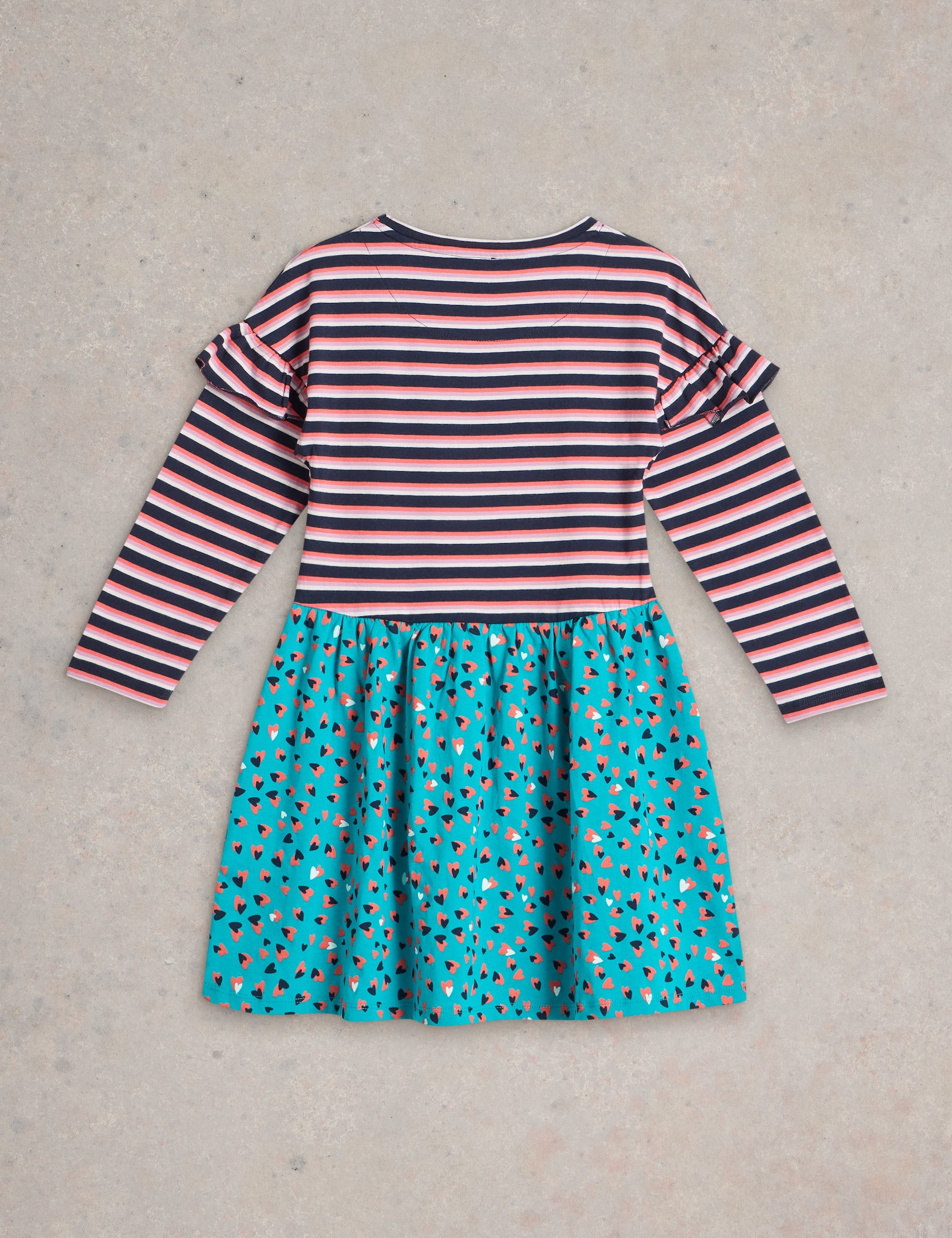 White Stuff Girls Pure Cotton Striped Heart Print Dress (3-10 Yrs) - 9-10Y - Blue Mix, Blue Mix