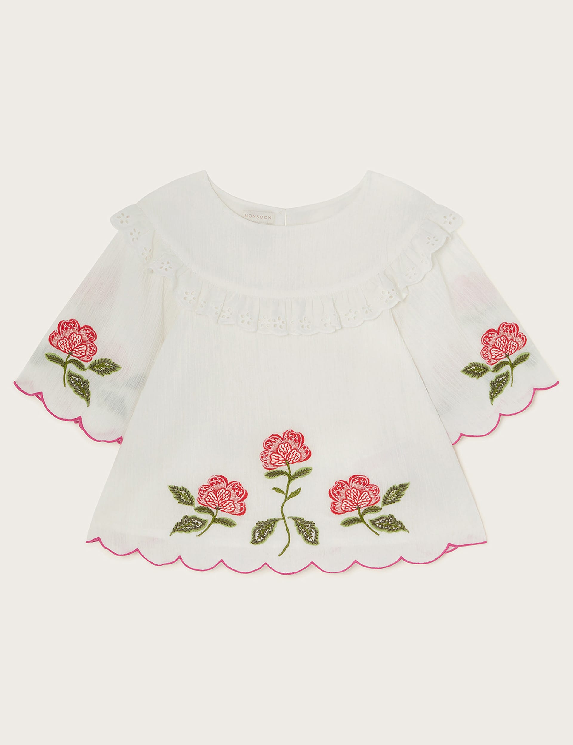 Monsoon Girls Pure Cotton Flower Embroidered Top (3-13 Yrs) - 5-6 Y - Ivory Mix, Ivory Mix