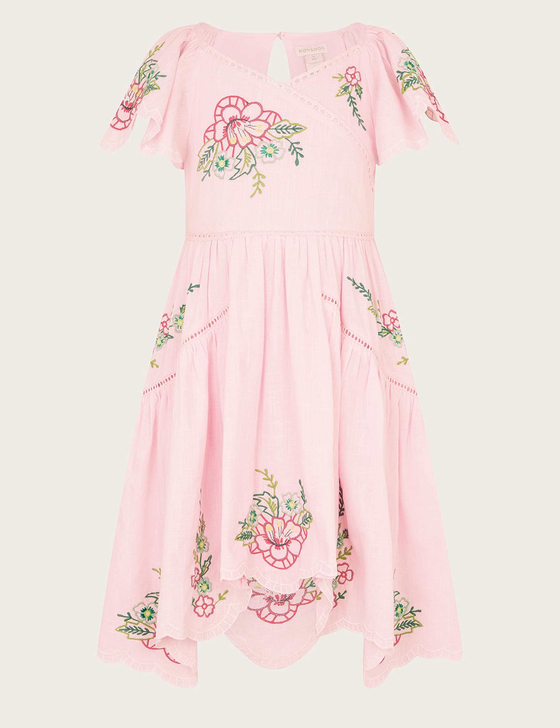 Monsoon Girls Pure Cotton Floral Embroidered Dress (3-13 Yrs) - 10y - Pink, Pink