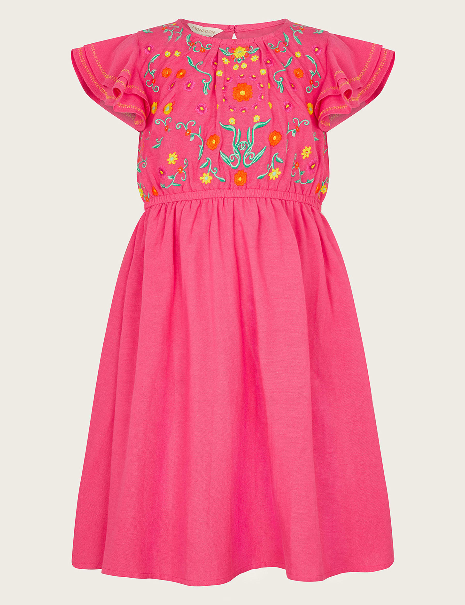 Monsoon Girls Cotton Blend Floral Embroidered Dress (3-13 Yrs) - 11y - Pink Mix, Pink Mix