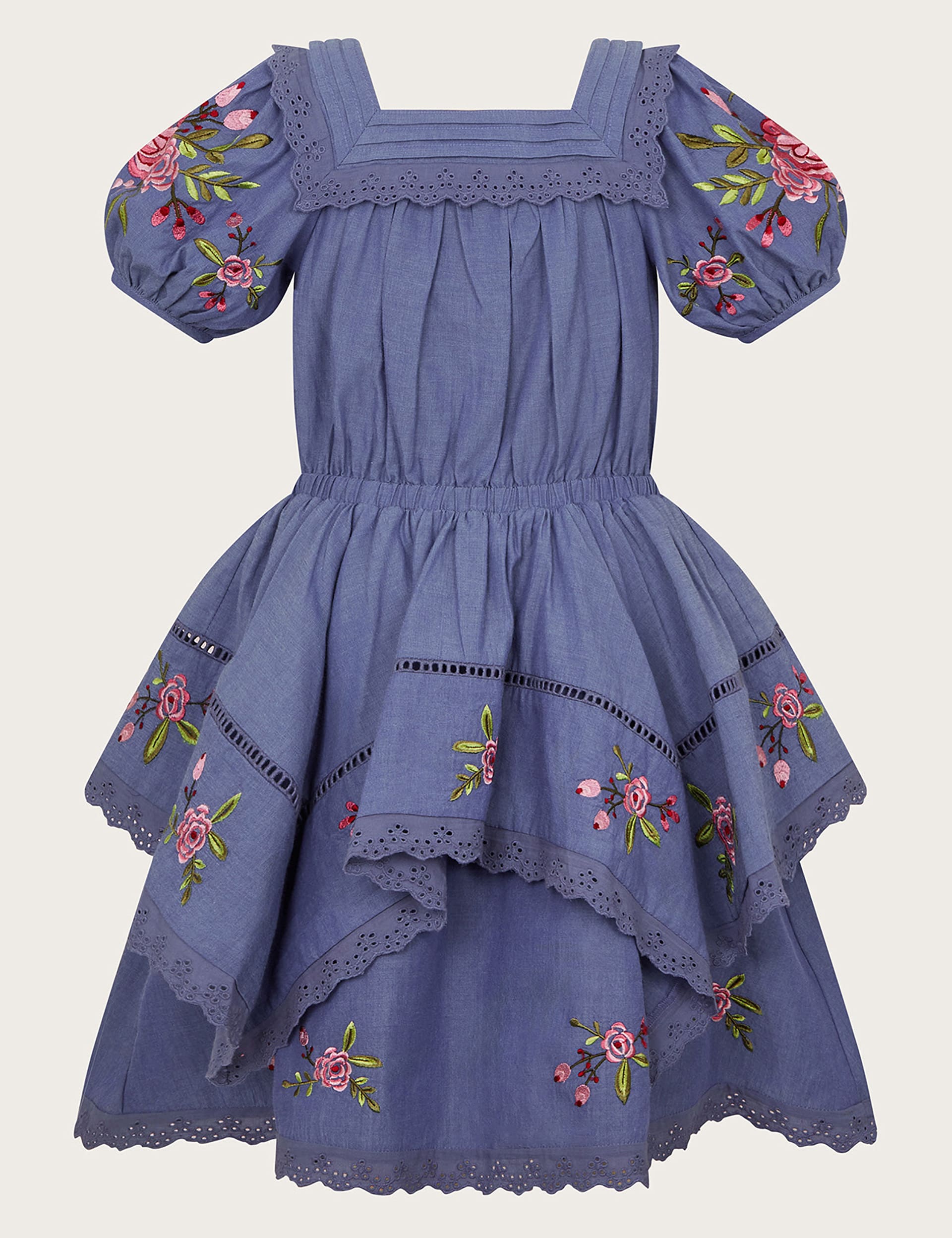 Monsoon Girls Pure Cotton Flower Embroidered Dress (3-13 Yrs) - 11y - Blue, Blue