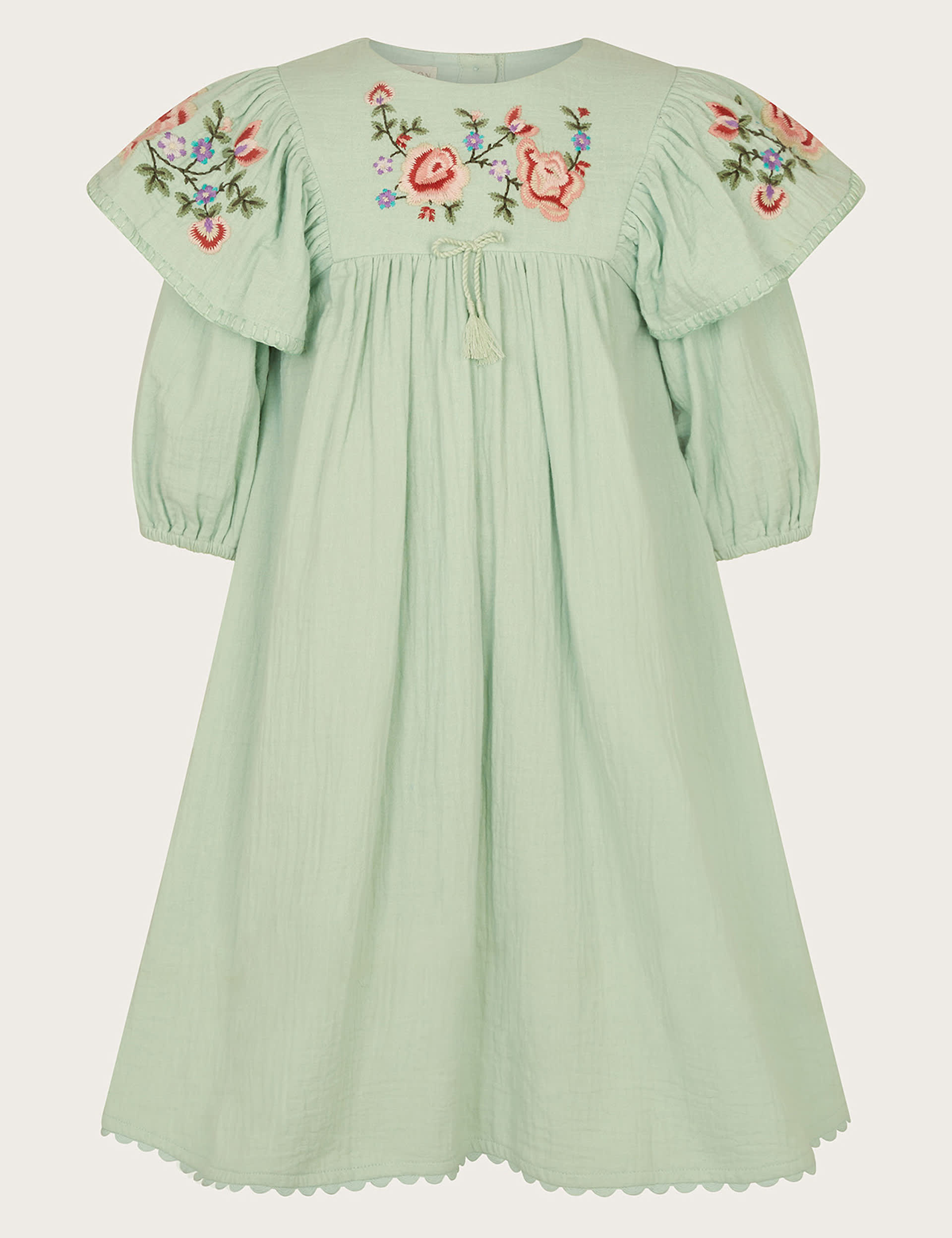 Monsoon Girls Pure Cotton Floral Embroidered Dress (3-13 Yrs) - 5y - Green Mix, Green Mix