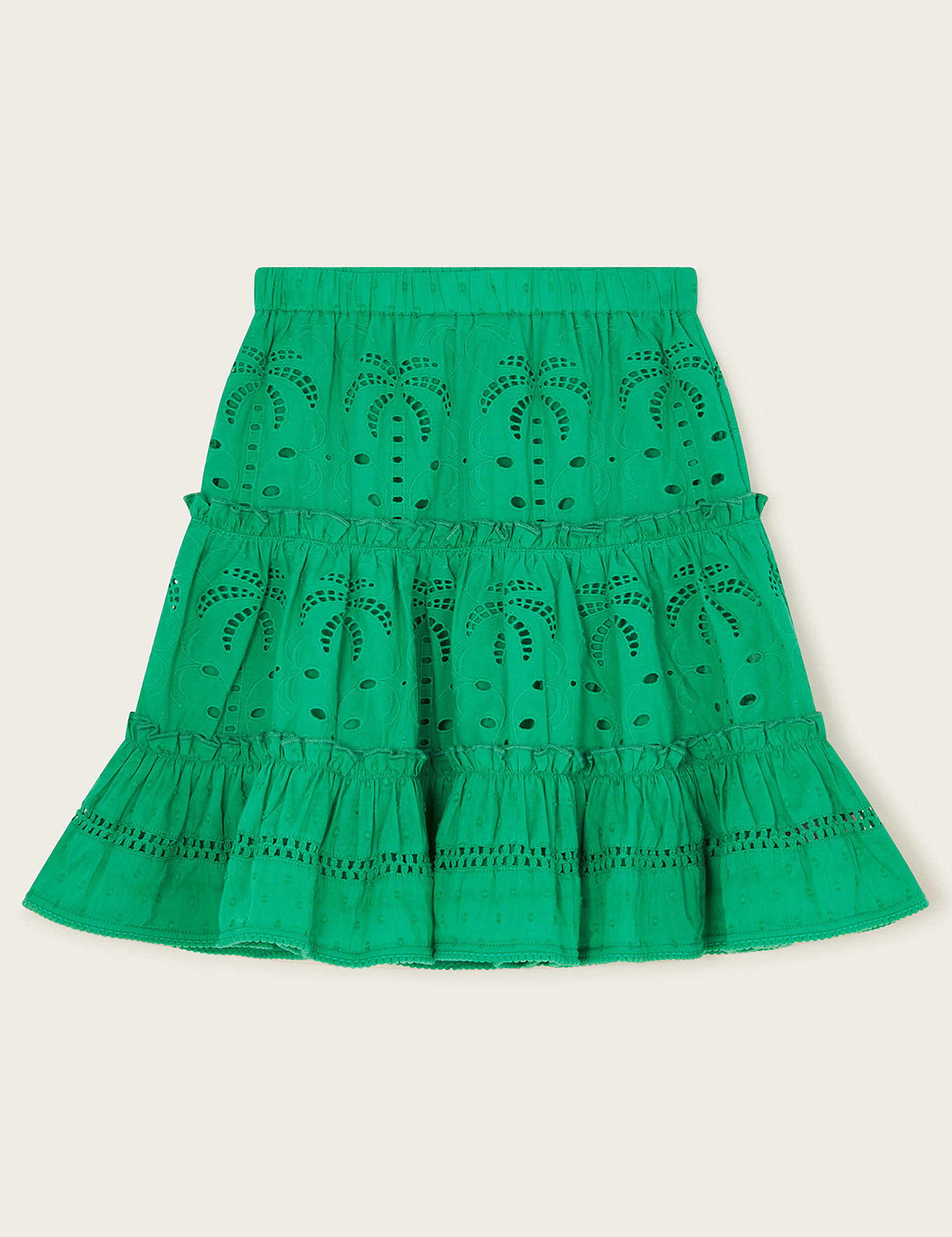 Monsoon Girls Pure Cotton Broderie Skirt (3-13 Yrs) - 5-6 Y - Green, Green