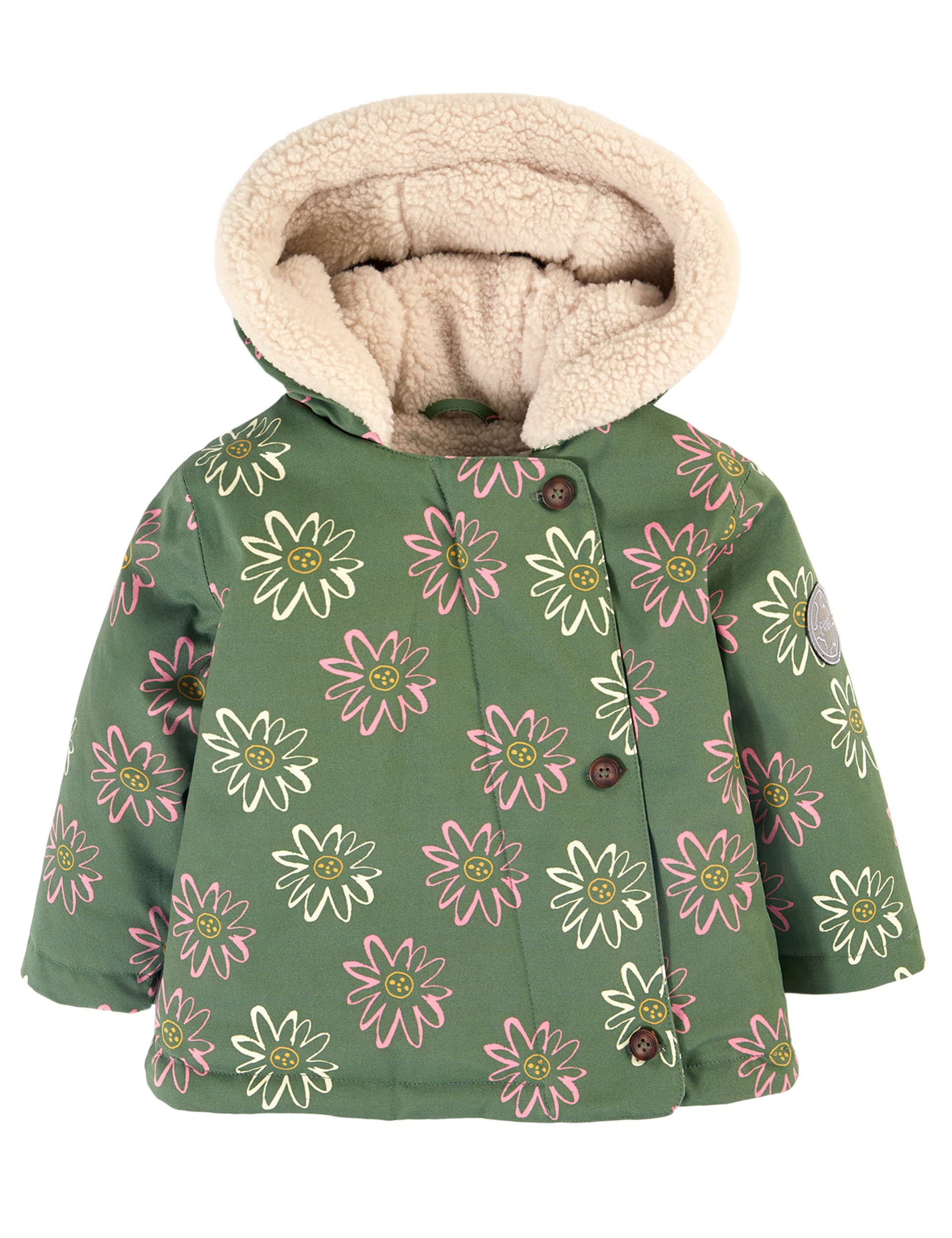 Frugi Girls Pure Cotton Floral Hooded Parka Coat (6 Mths-5 Yrs) - 6-9M - Green, Green