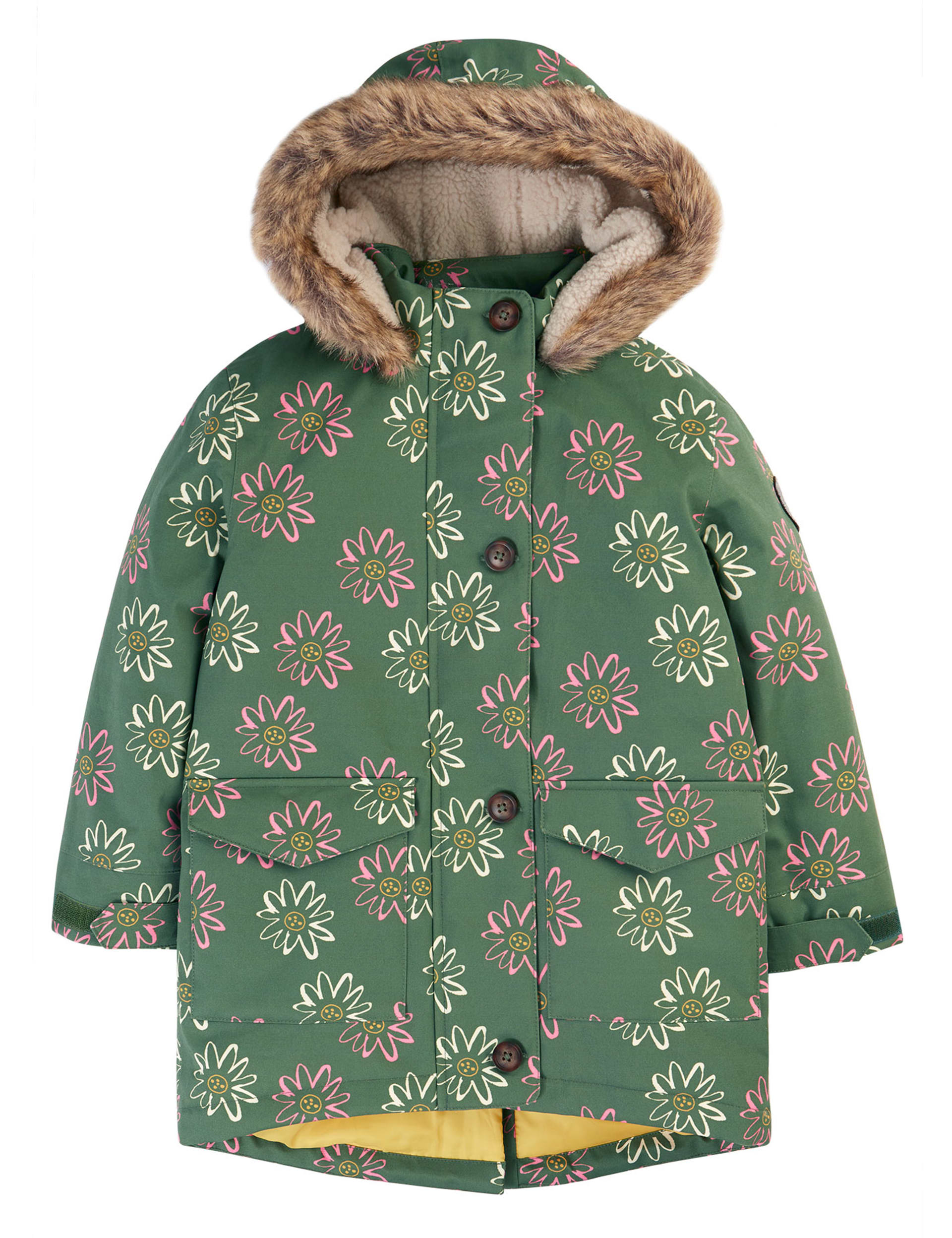 Frugi Girls Pure Cotton Floral Hooded Parka Coat (5-10 Yrs) - 5-6 Y - Green, Green