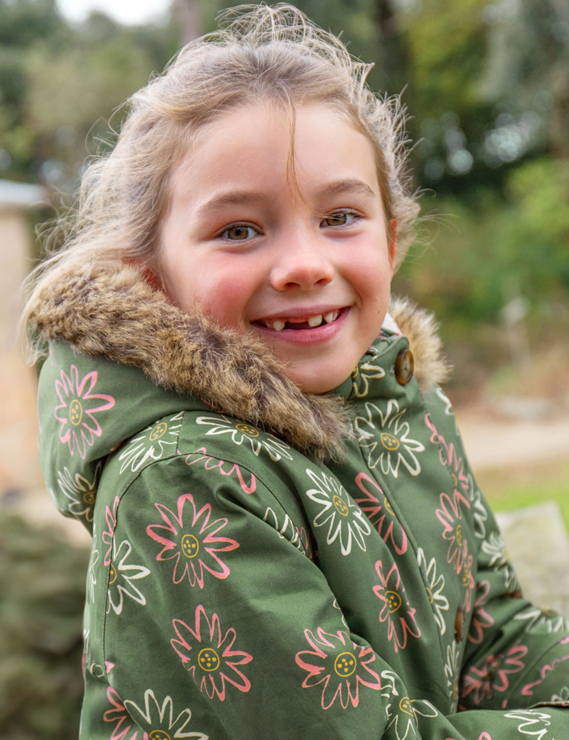 Frugi Girls Pure Cotton Floral Hooded Parka Coat (5-10 Yrs) - 5-6 Y - Green, Green