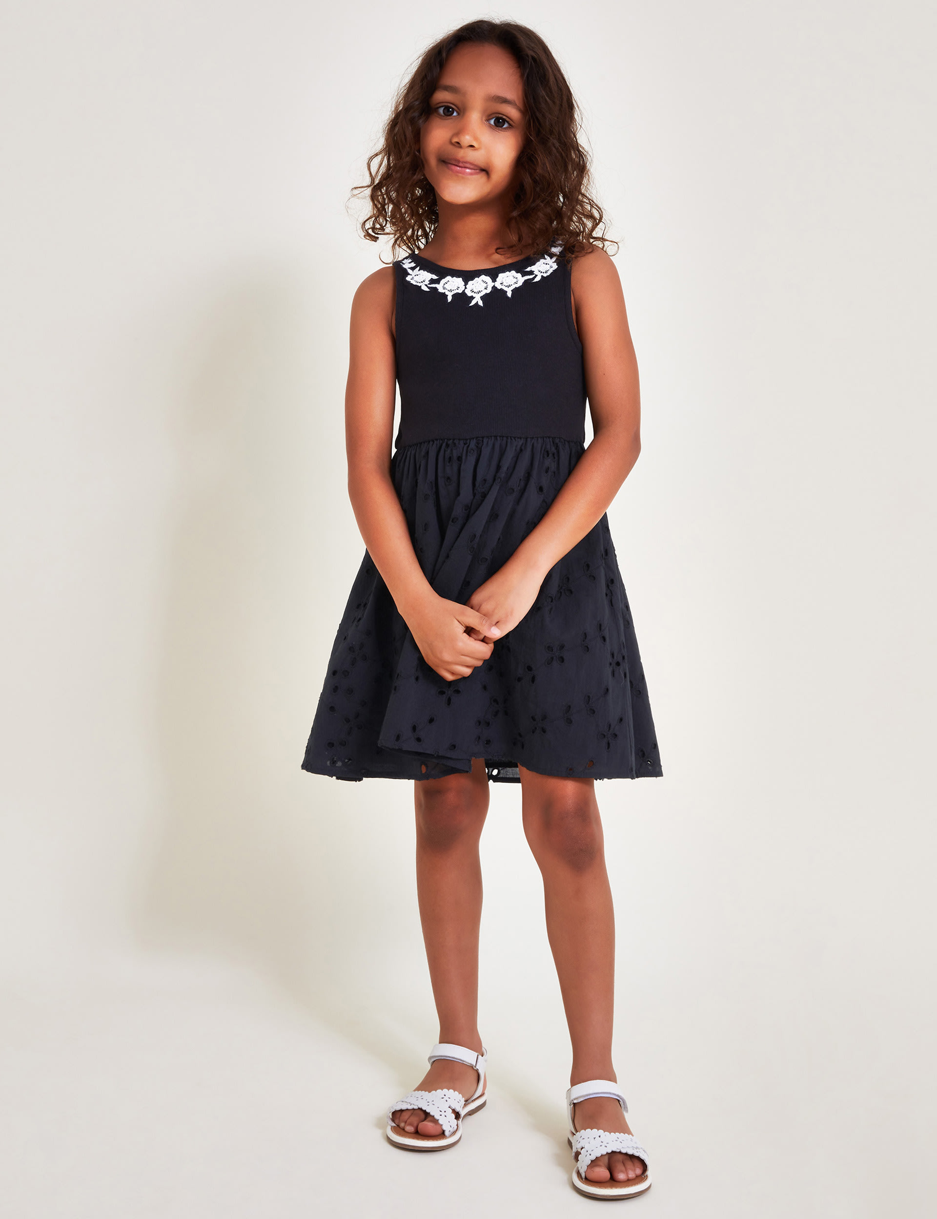 Monsoon Girls Cotton Rich Broderie Dress (3-13 Yrs) - 9-10Y - Black Mix, Black Mix