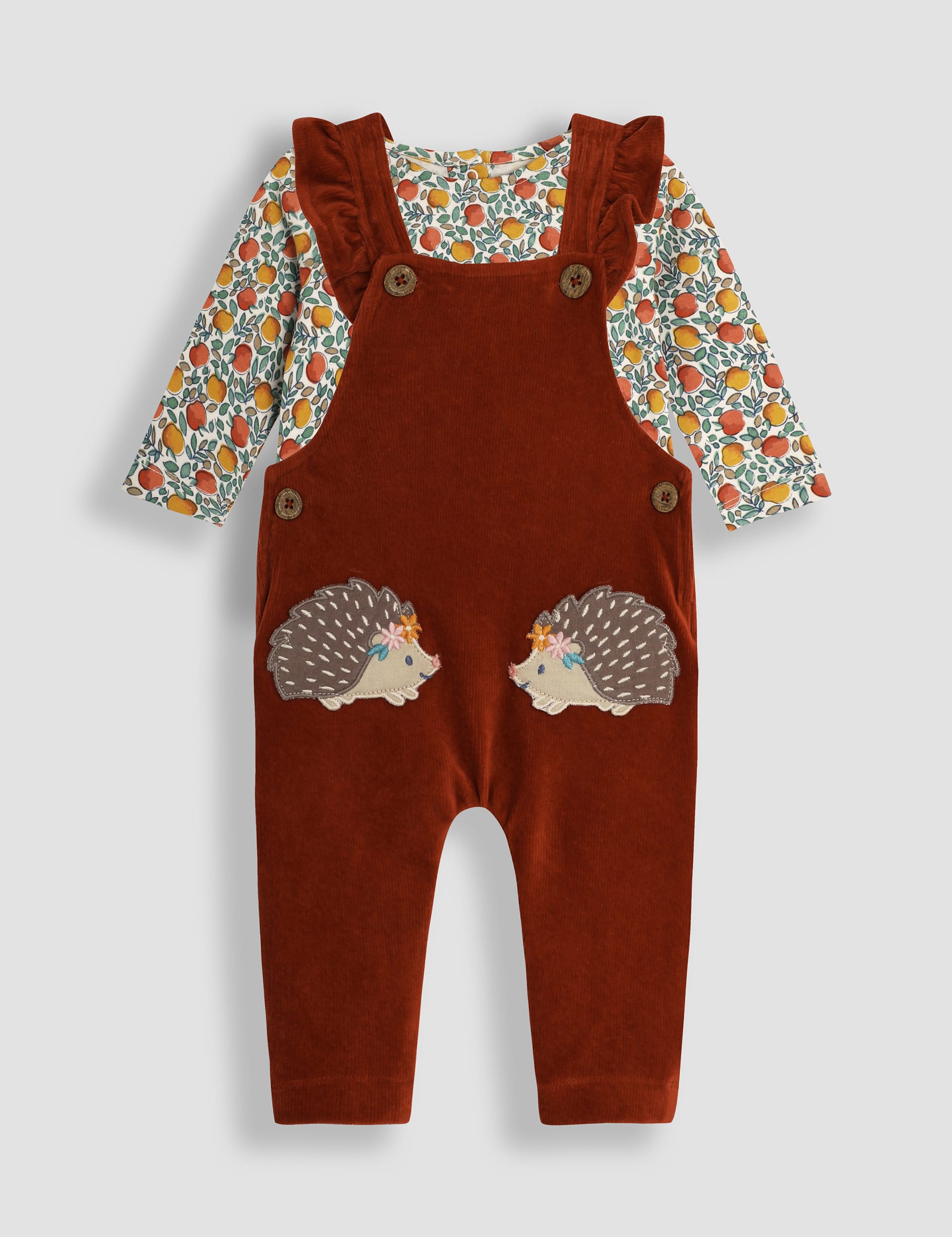 Jojo Maman Bb Girls 2pc Velour Hedgehog Dungarees Set (0-24 Mths) - 3-6M - Dark Orange, Dark Orang