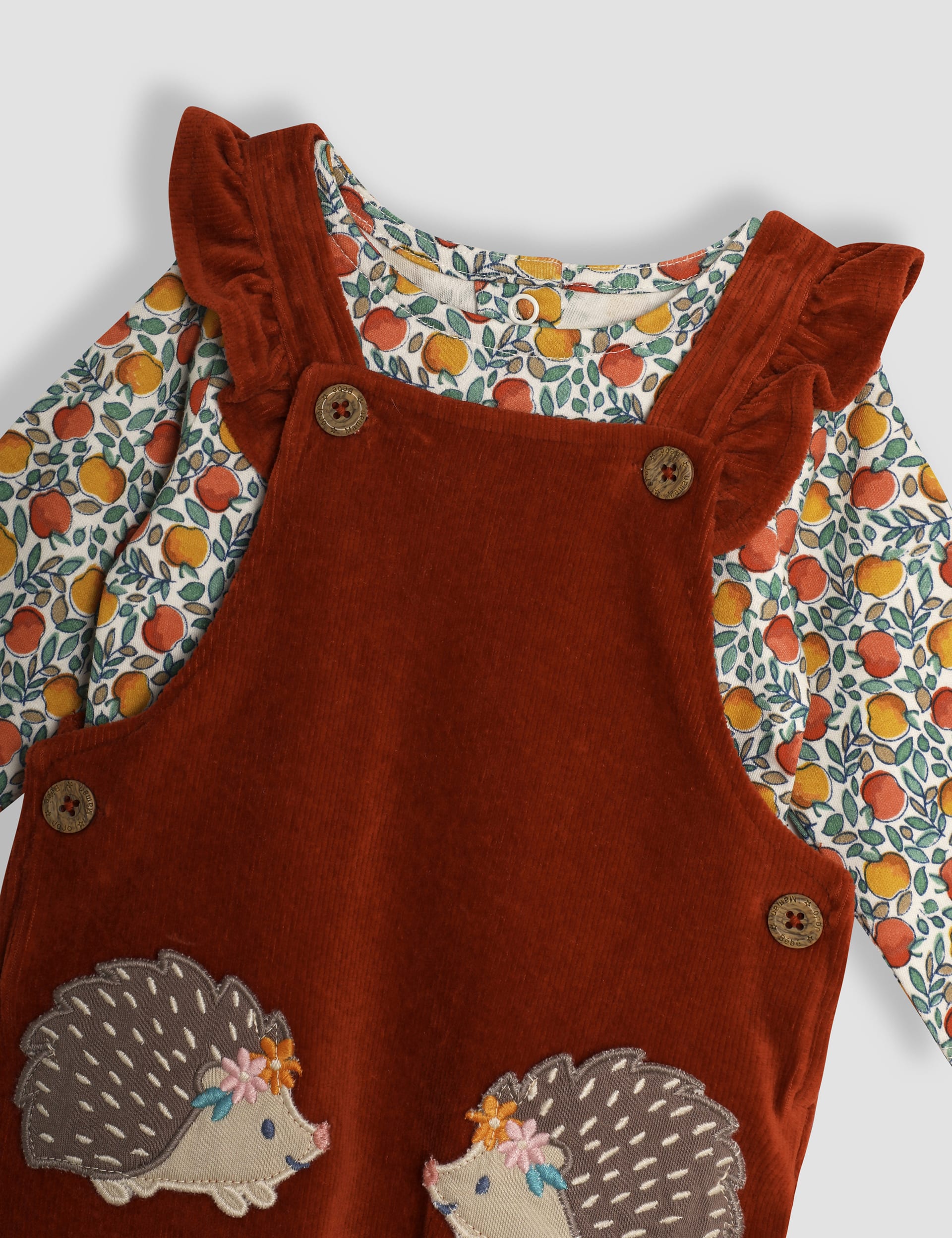 Jojo Maman Bb Girls 2pc Velour Hedgehog Dungarees Set (0-24 Mths) - 3-6M - Dark Orange, Dark Orang