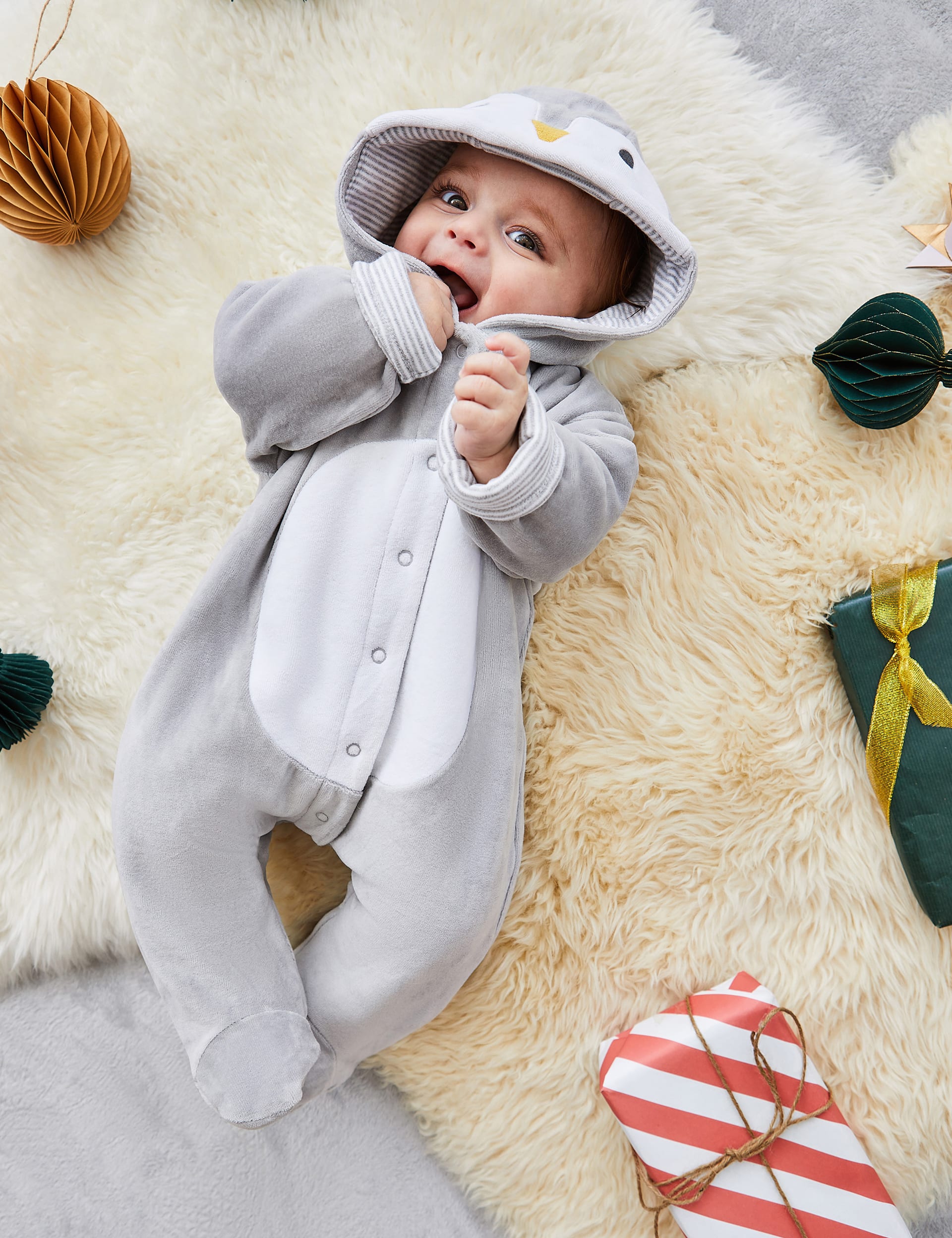 Jojo Maman Bb Cotton Rich Velour Penguin Pramsuit (7lbs-12 Mths) - 0-3 M - Grey Mix, Grey Mix