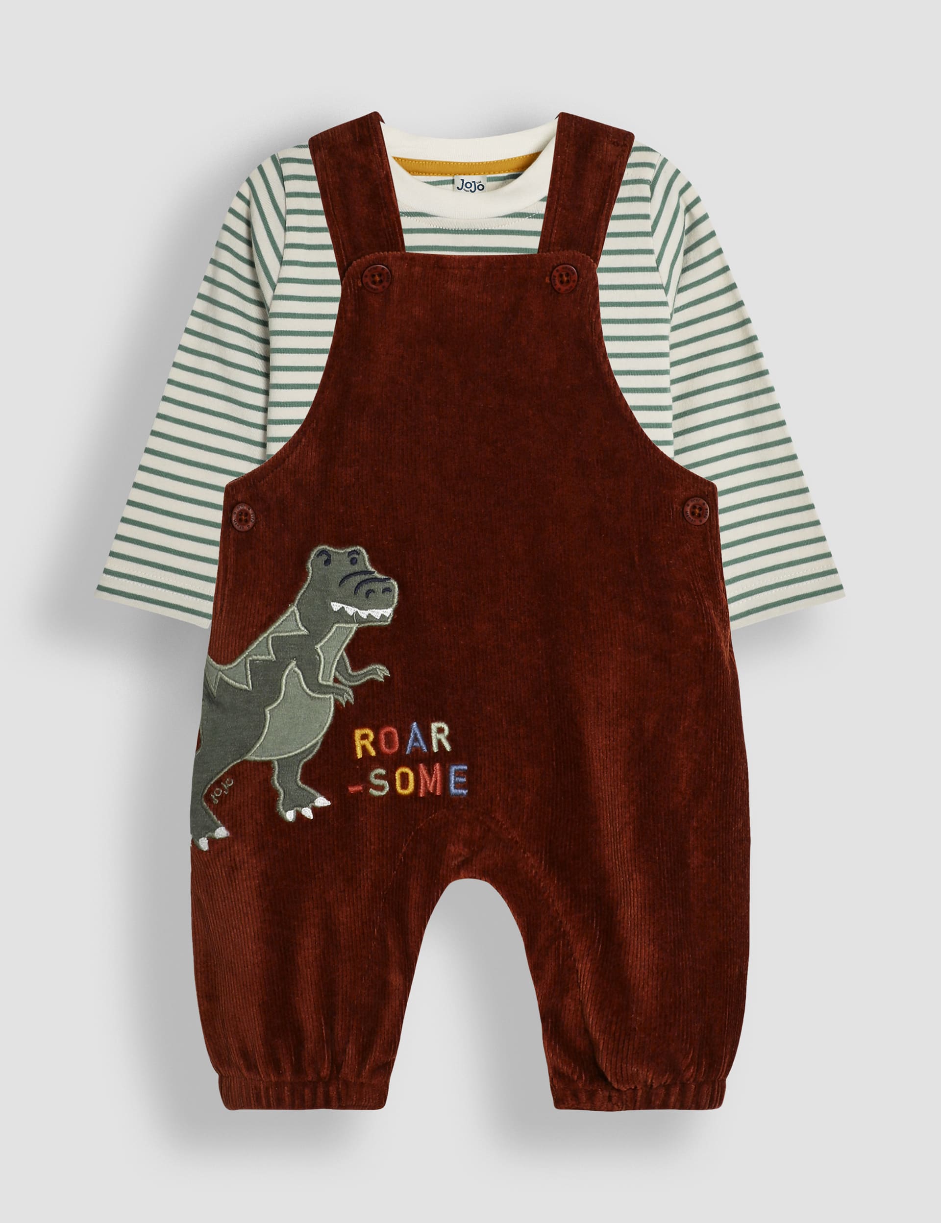 Jojo Maman Bébé Boys 2pc Velour Dinosaur Dungarees Set (0-24 Mths) - 6-12M - Brown Mix, Brown Mix