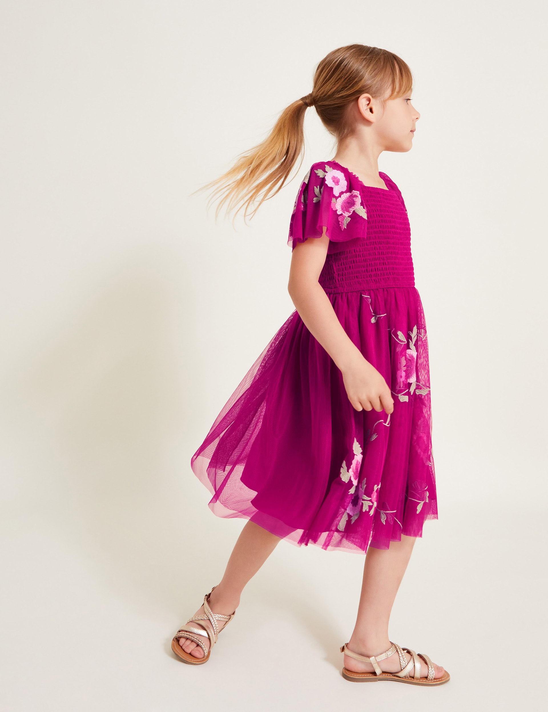 Monsoon Girls Floral Embroidered Tulle Shirred Dress (3-15 Yrs) - 11y - Pink Mix, Pink Mix