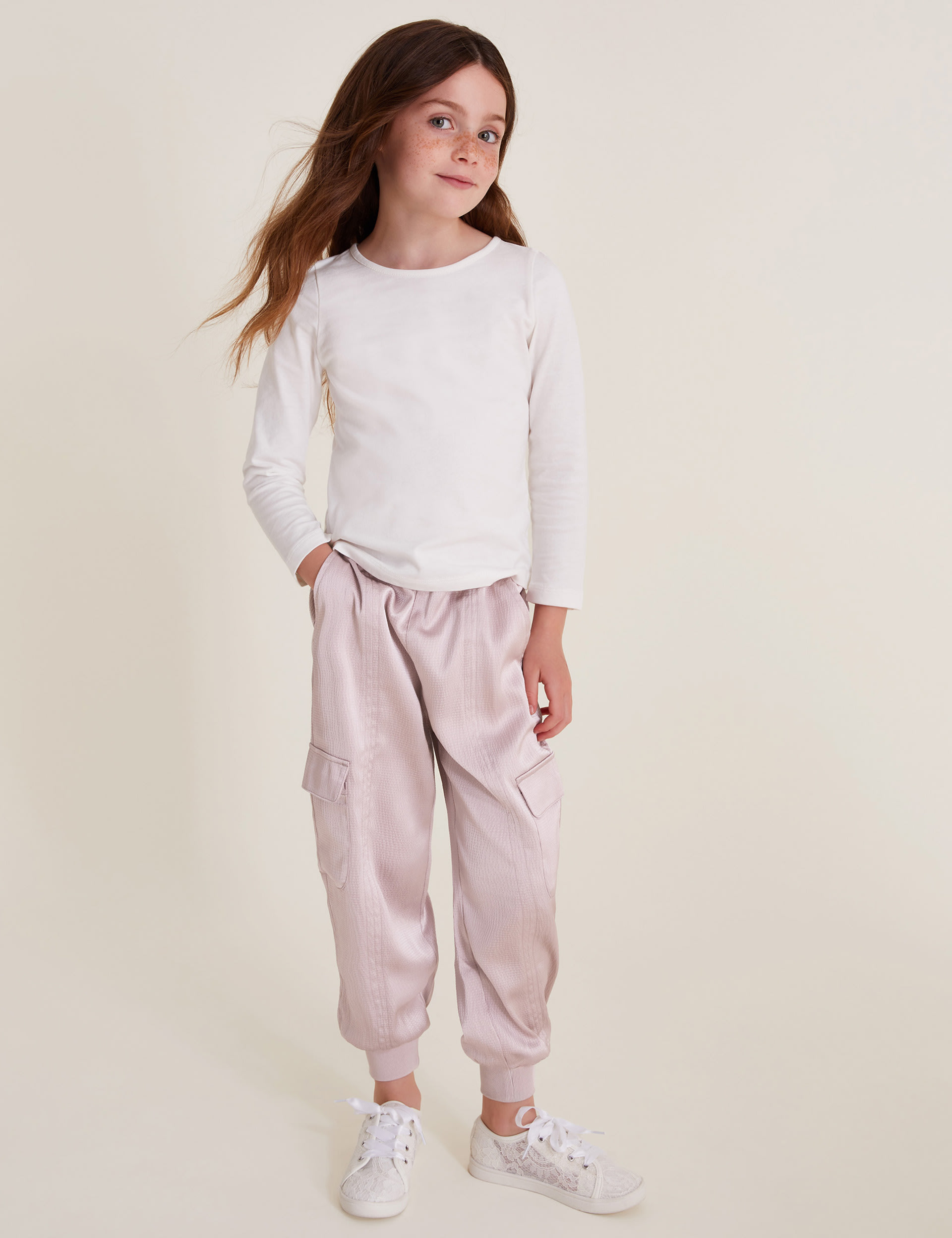 Monsoon Girls SEW HAMMERED SATIN CARGO TROUSER - 11y - Light Pink, Light Pink