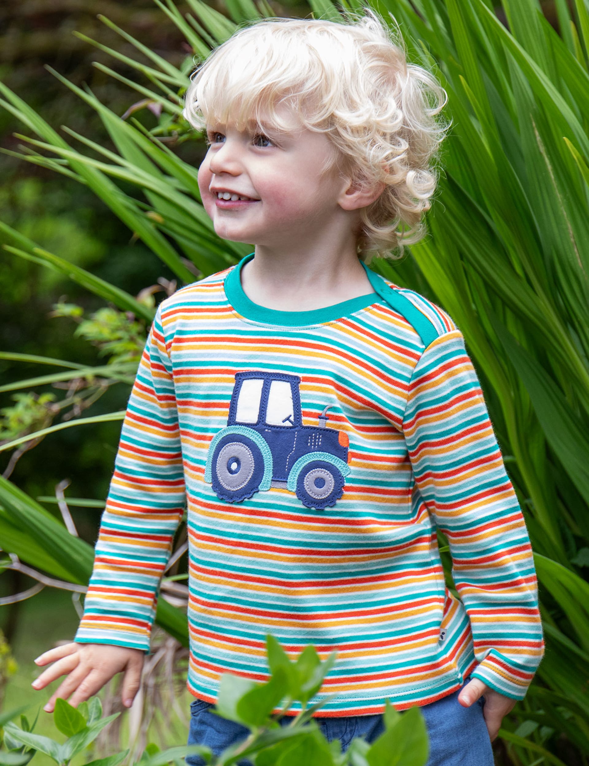 Frugi Boys Pure Cotton Striped Tractor Appliqué Top (0-8 Yrs) - 0-3 M - Green Mix, Green Mix