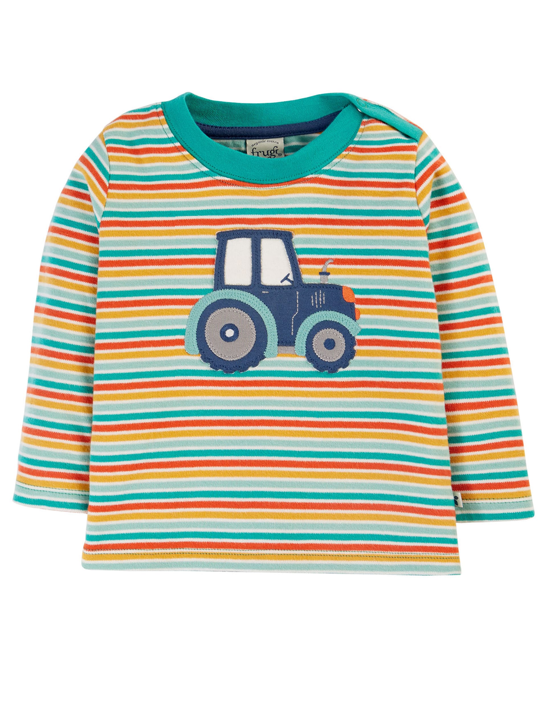 Frugi Boys Pure Cotton Striped Tractor Appliqu Top (0-8 Yrs) - 0-3 M - Green Mix, Green Mix