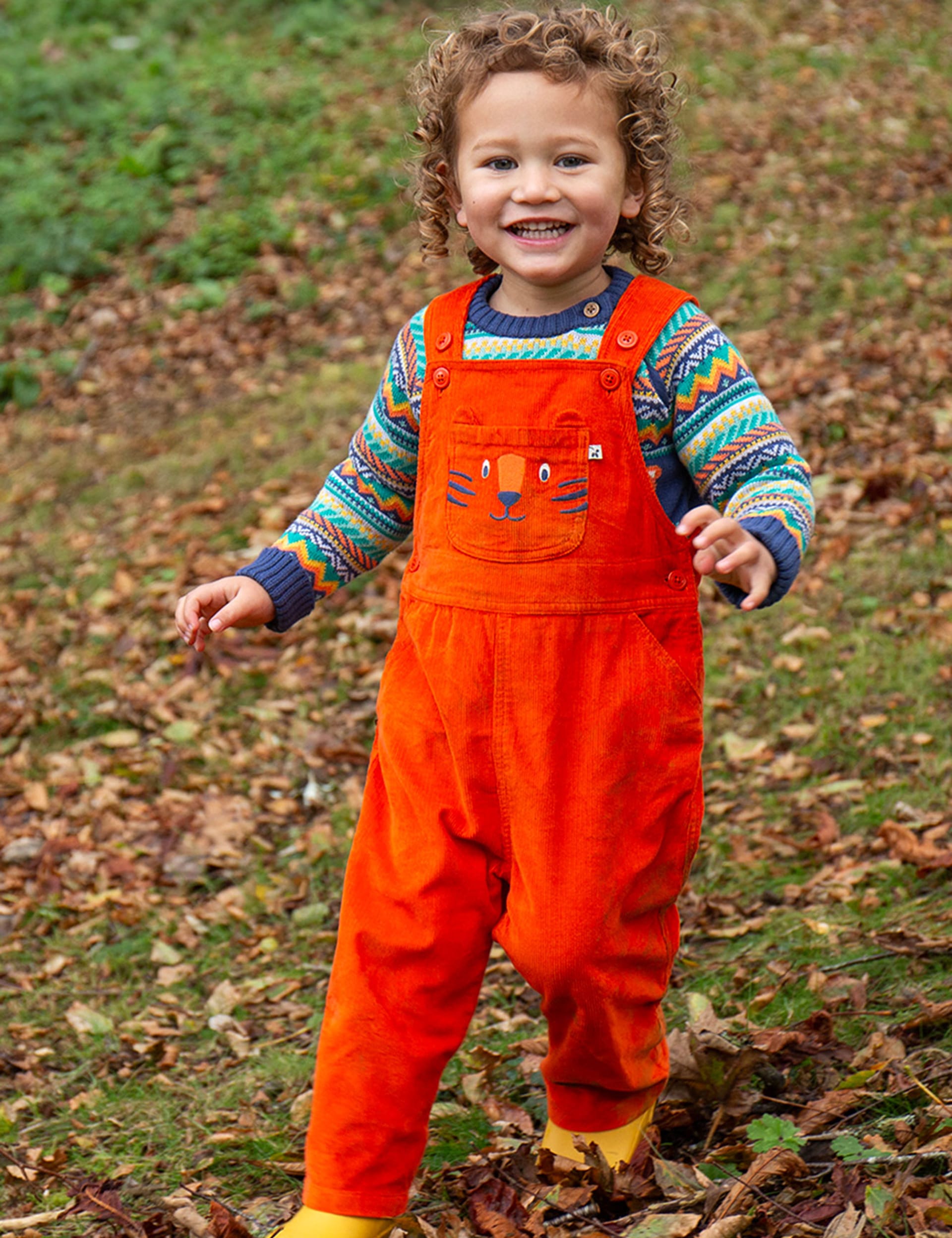 Frugi Boys Cord Tiger Dungarees (0-5 Yrs) - 0-3 M - Orange, Orange