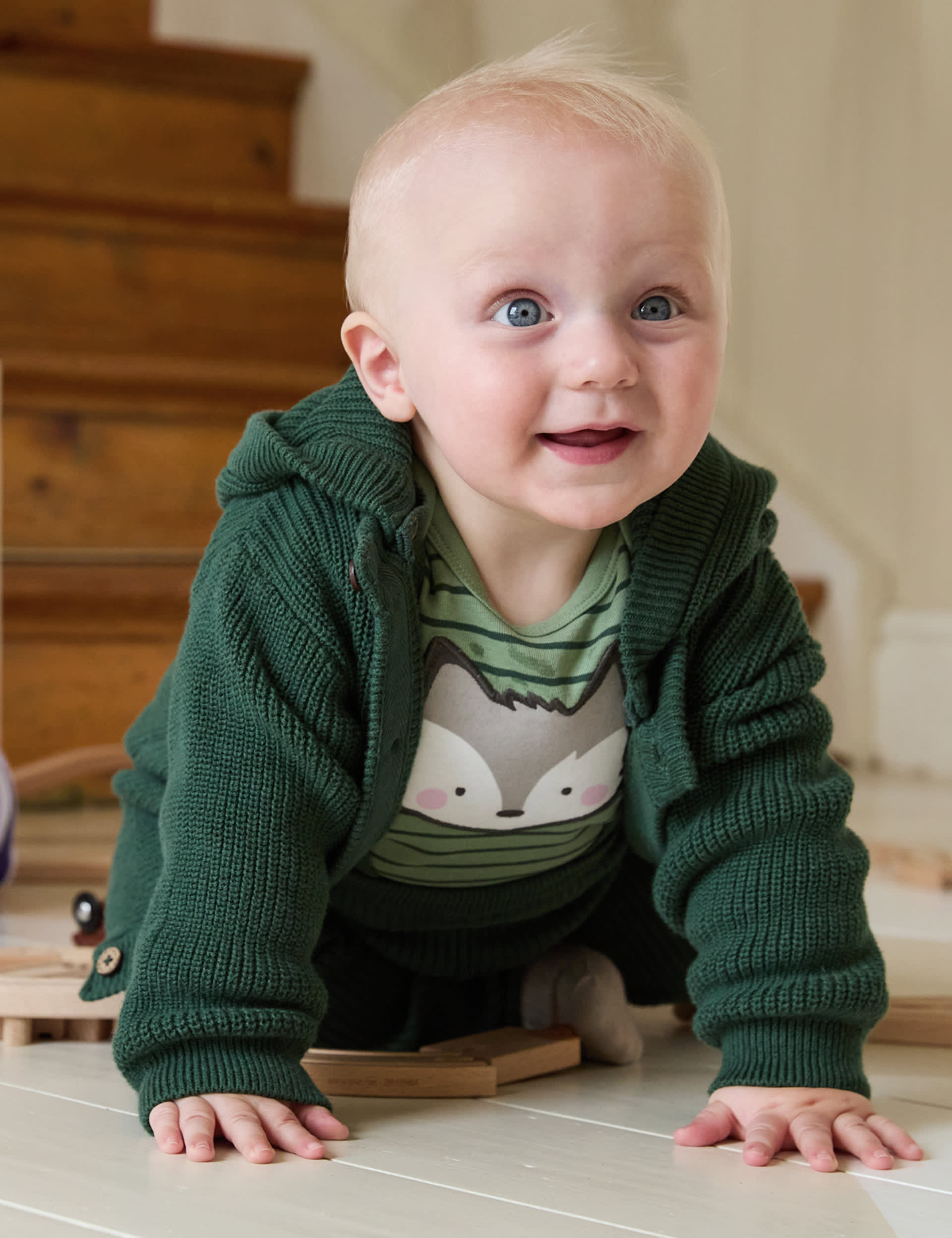 Polarn O. Pyret Pure Cotton Striped Wolf Bodysuit (1-24 Mths) - 1-2 M - Green Mix, Green Mix