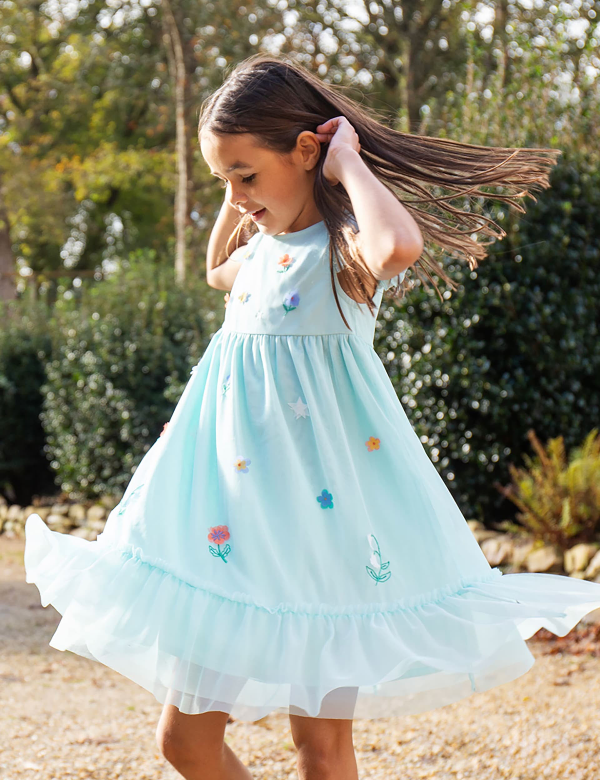 Frugi Girls Tulle Embroidered Dress (2-10 Yrs) - 3-4 Y - Blue Mix, Blue Mix