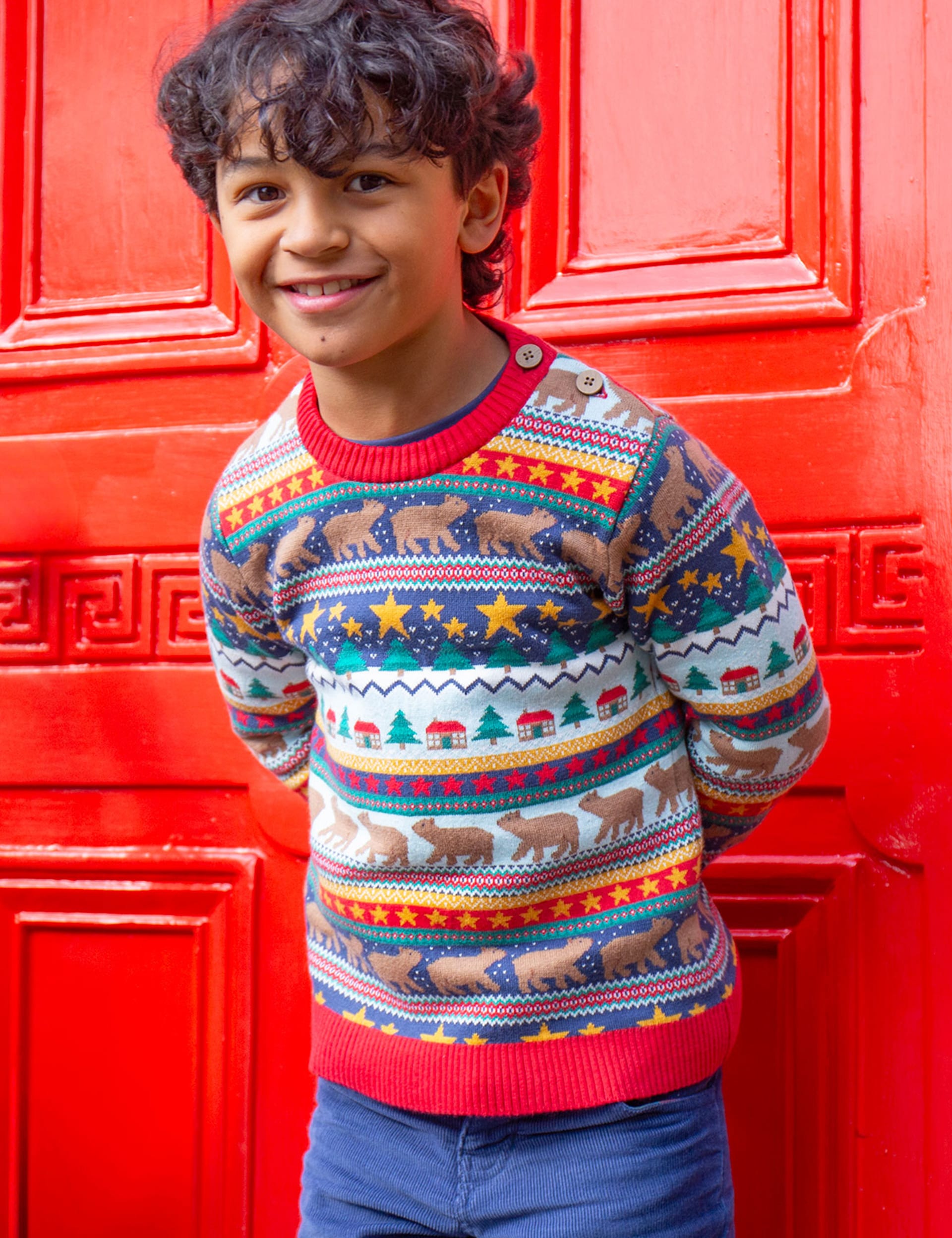 Frugi Boys Pure Cotton Knitted Forest Fair Isle Jumper (0-10 Yrs) - 9-12M - Red Mix, Red Mix