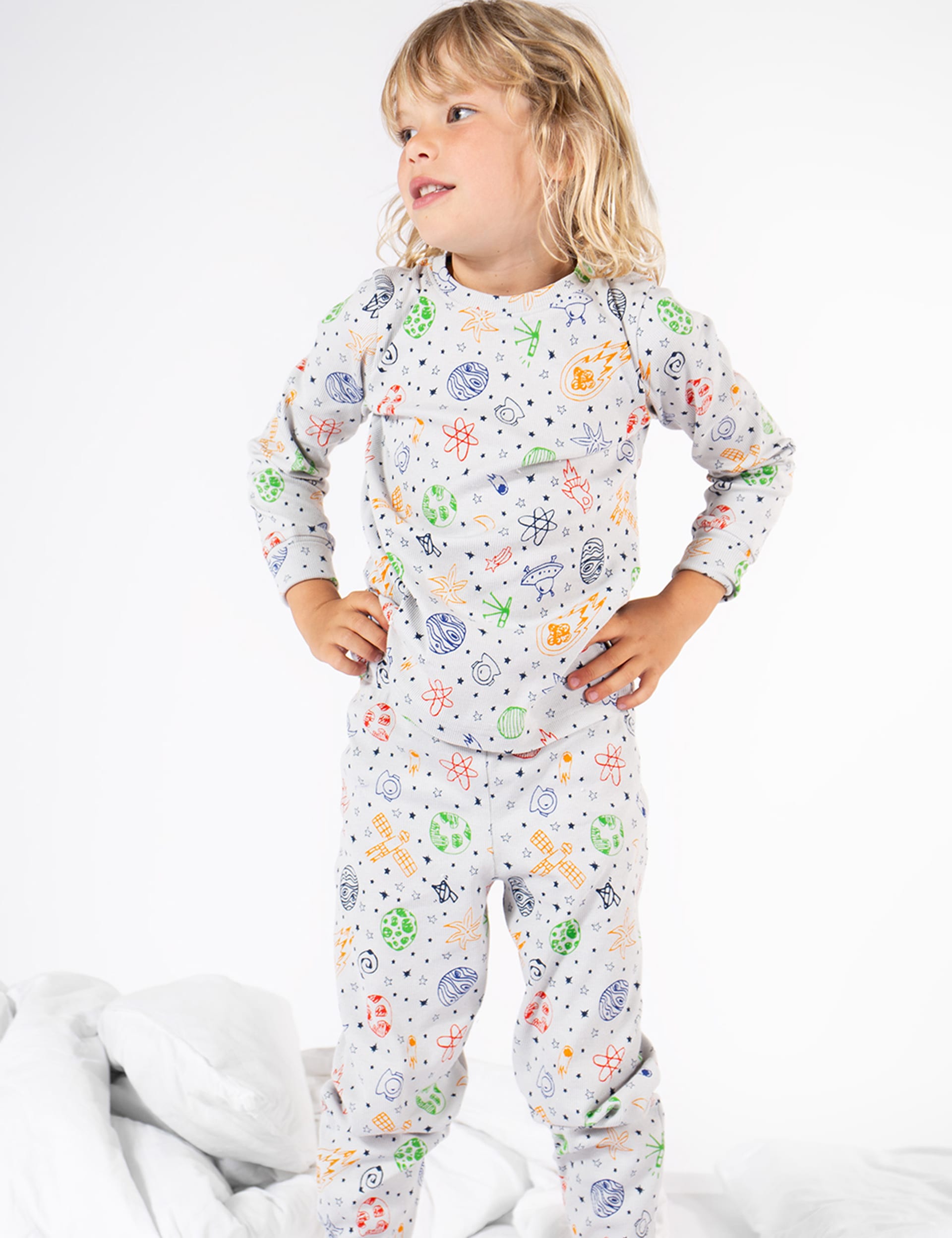 Frugi Boys Cotton Rich Space Pyjamas (3-10 Yrs) - 6-7 Y - Grey Mix, Grey Mix