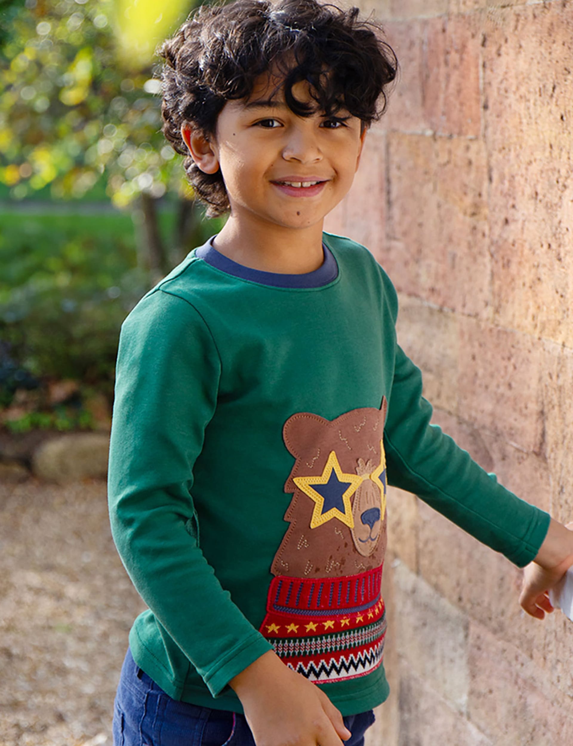 Frugi Boys Pure Cotton Bear Top (18 Mths-10 Yrs) - 4-5 Y - Green Mix, Green Mix