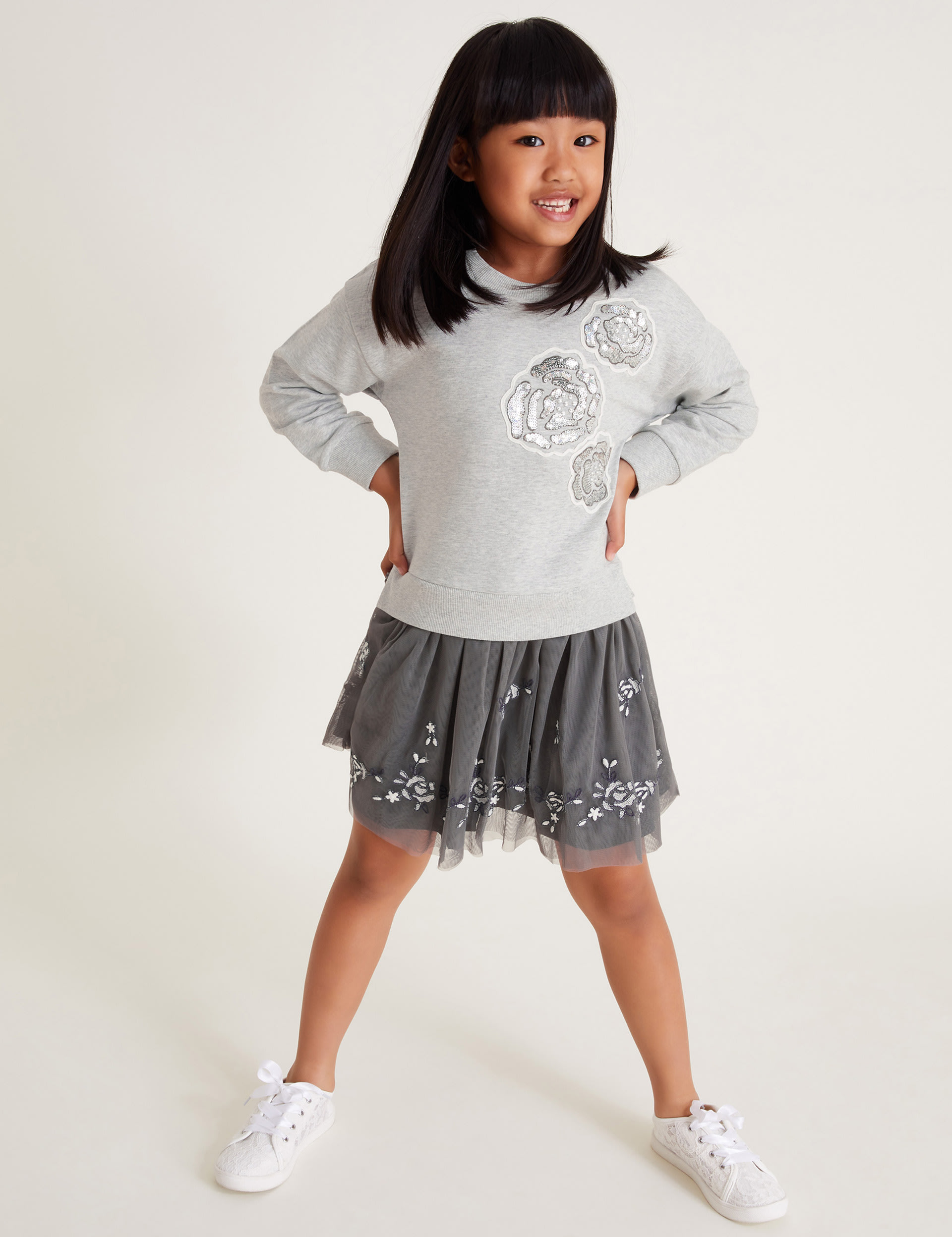 Monsoon Girls Embellished Sweatshirt Dress (5-13 Yrs) - 9-10Y - Grey Mix, Grey Mix