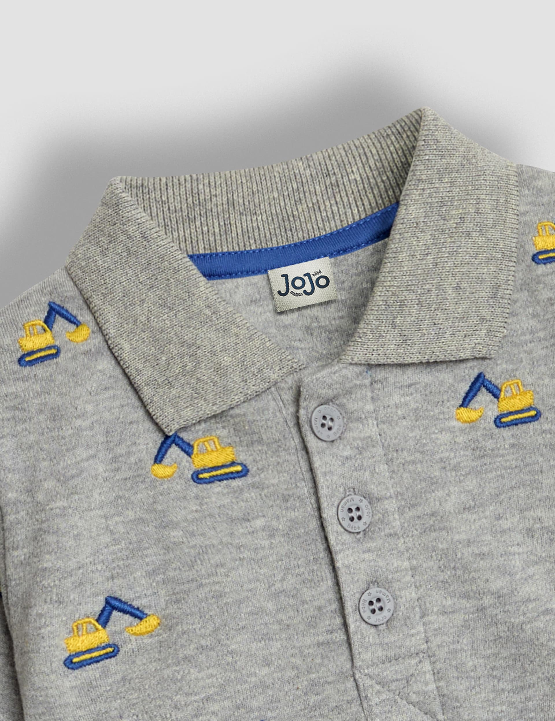 Jojo Maman Bb Boys Pure Cotton Embroidered Polo Shirt (6 Mths-6 Yrs) - 12-18 - Light Grey Mix, Lig