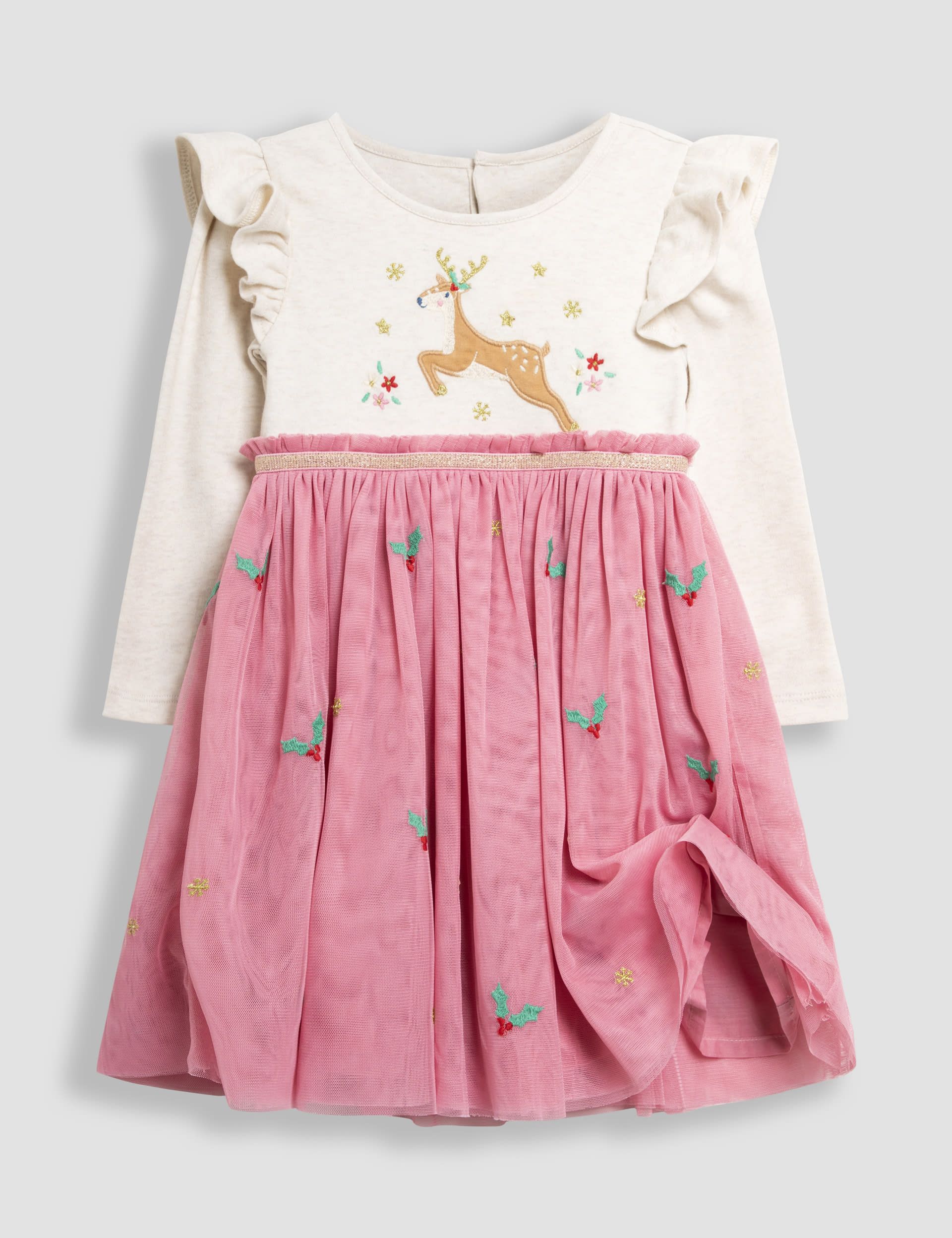 Jojo Maman Bb Girls Reindeer Applique Dress (6 Mths-6 Yrs) - 6-12M - Pink Mix, Pink Mix