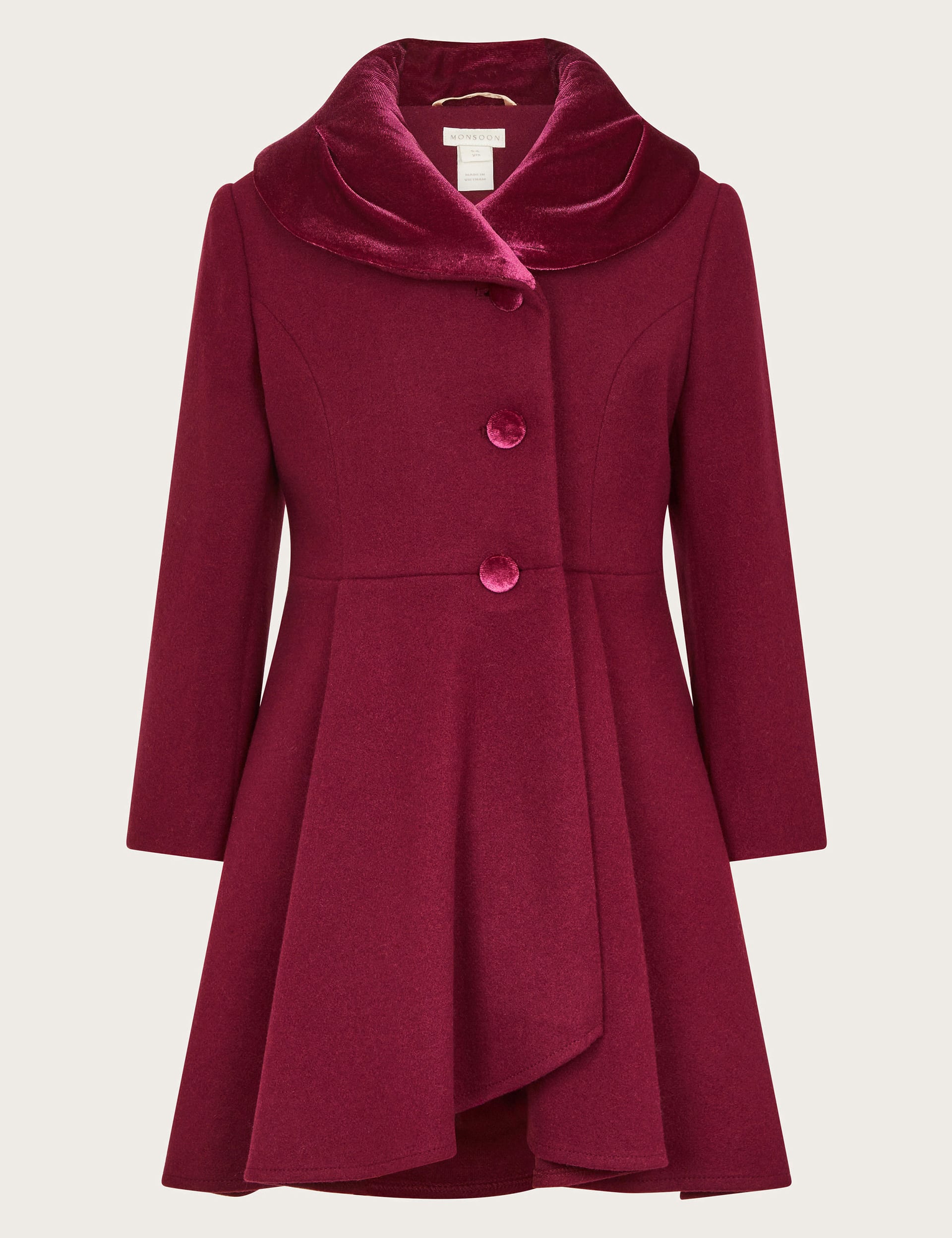 Monsoon Girls Shawl Collar Coat with Wool (3-12 Yrs) - 3-4 Y - Burgundy, Burgundy