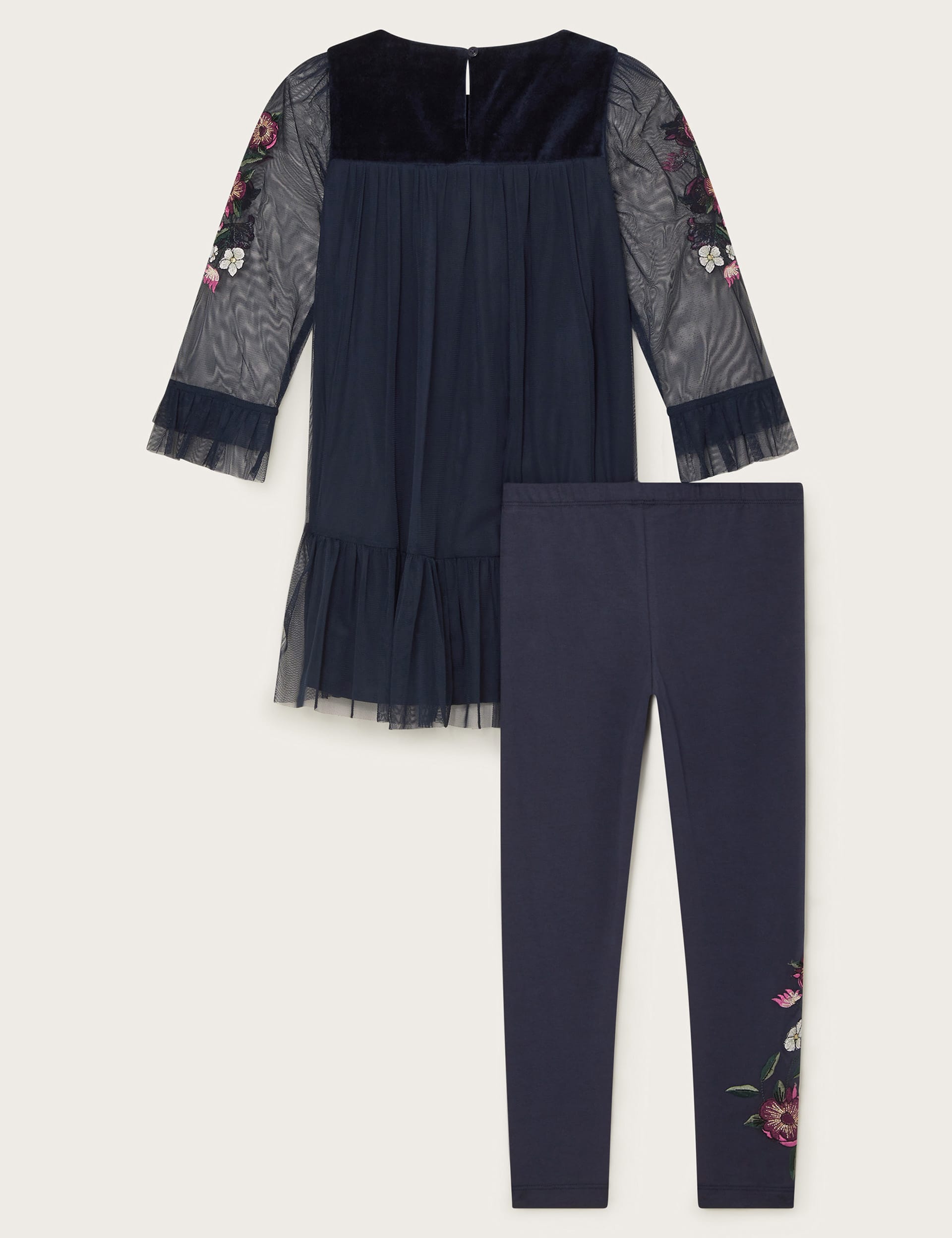 Monsoon Girls Embroidered Mesh Top & Bottom Outfit (3-13 Yrs) - 5-6 Y - Navy, Navy