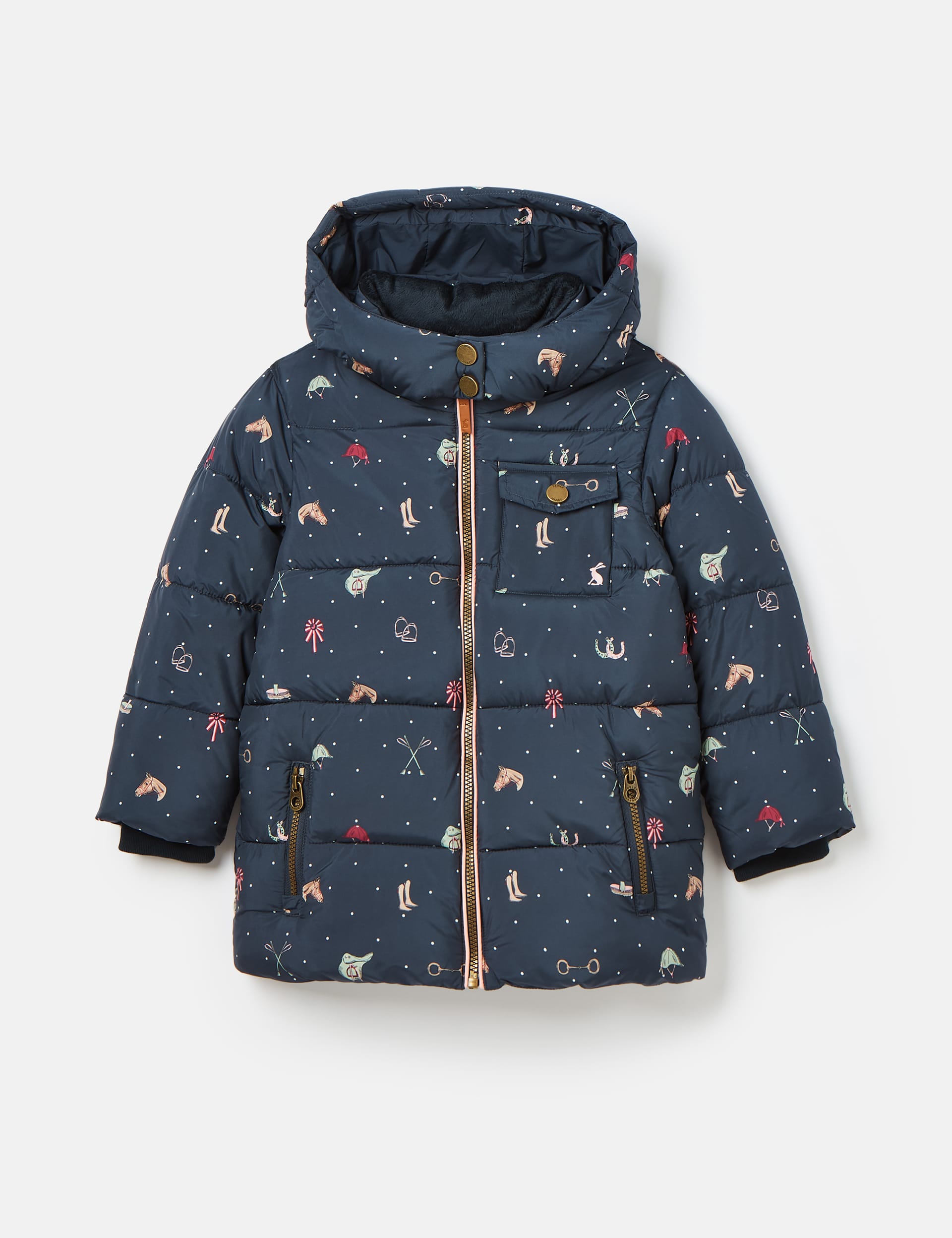 Joules Girls Hooded Padded Horse Print Coat (2-11 Yrs) - 3 - Navy Mix, Navy Mix