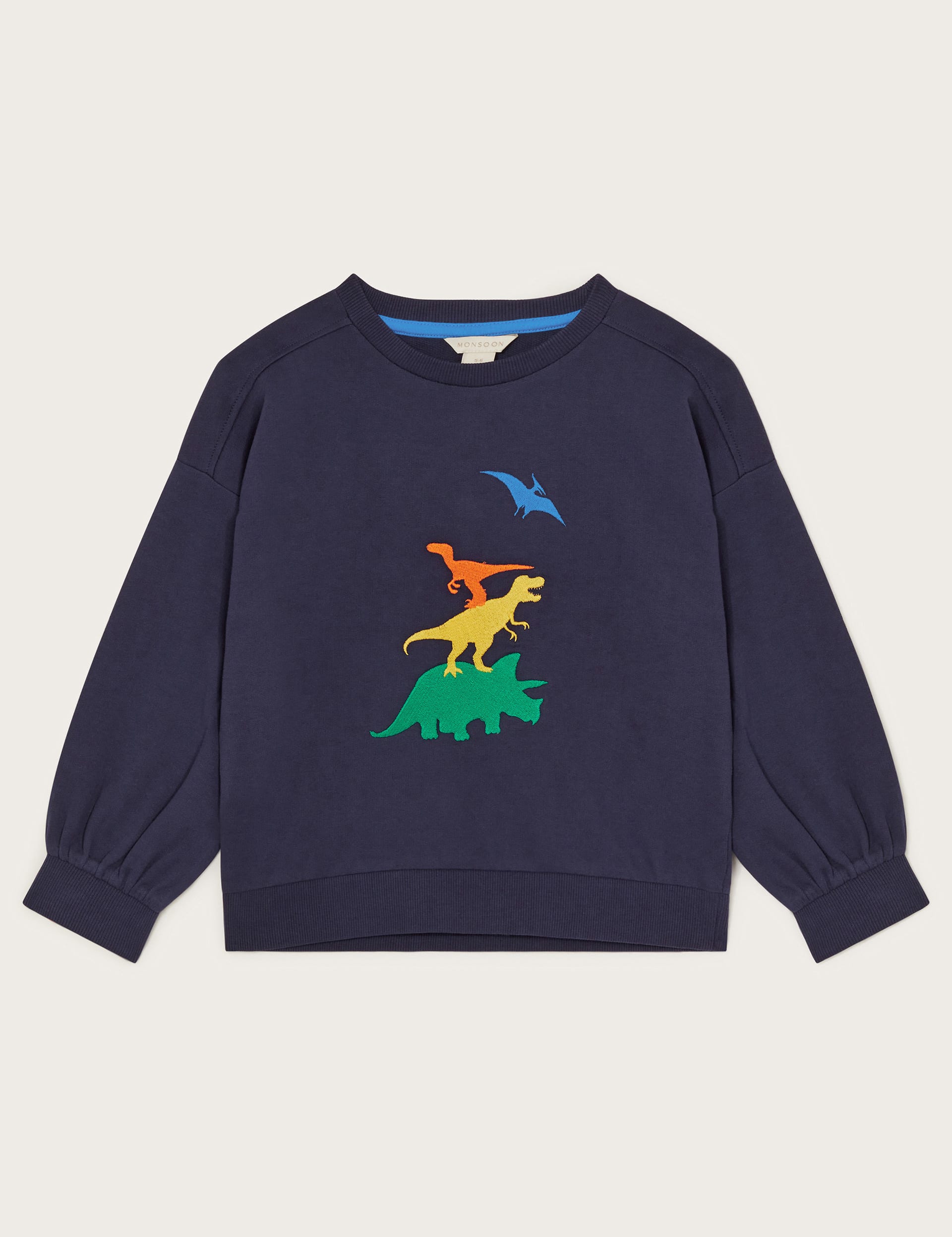 Monsoon Boys Pure Cotton Dinosaur Sweatshirt (2-13 Yrs) - 7-8 Y - Navy, Navy