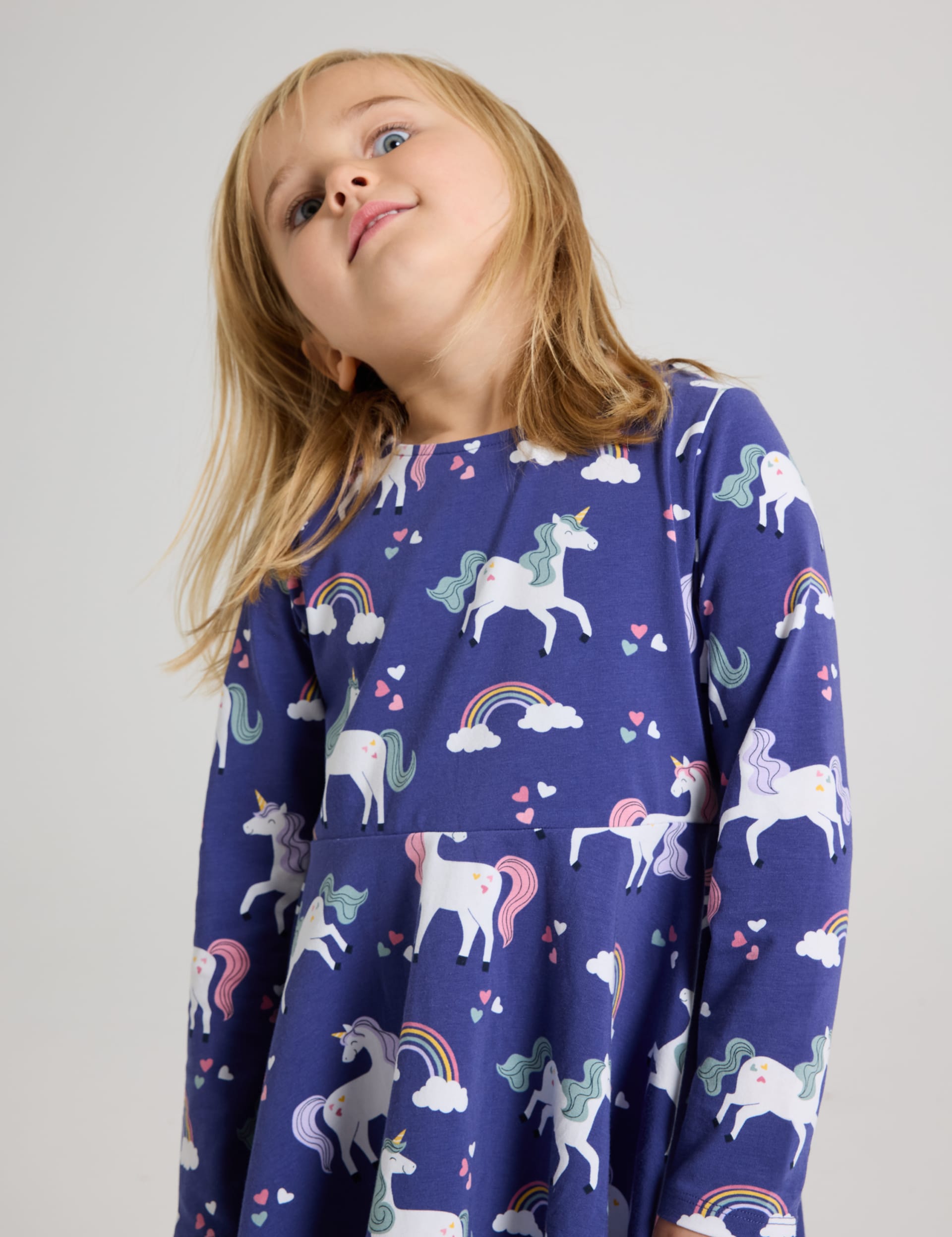 Polarn O. Pyret Girls Cotton Rich Unicorn Dress (1-10 Yrs) - 18-24 - Blue Mix, Blue Mix