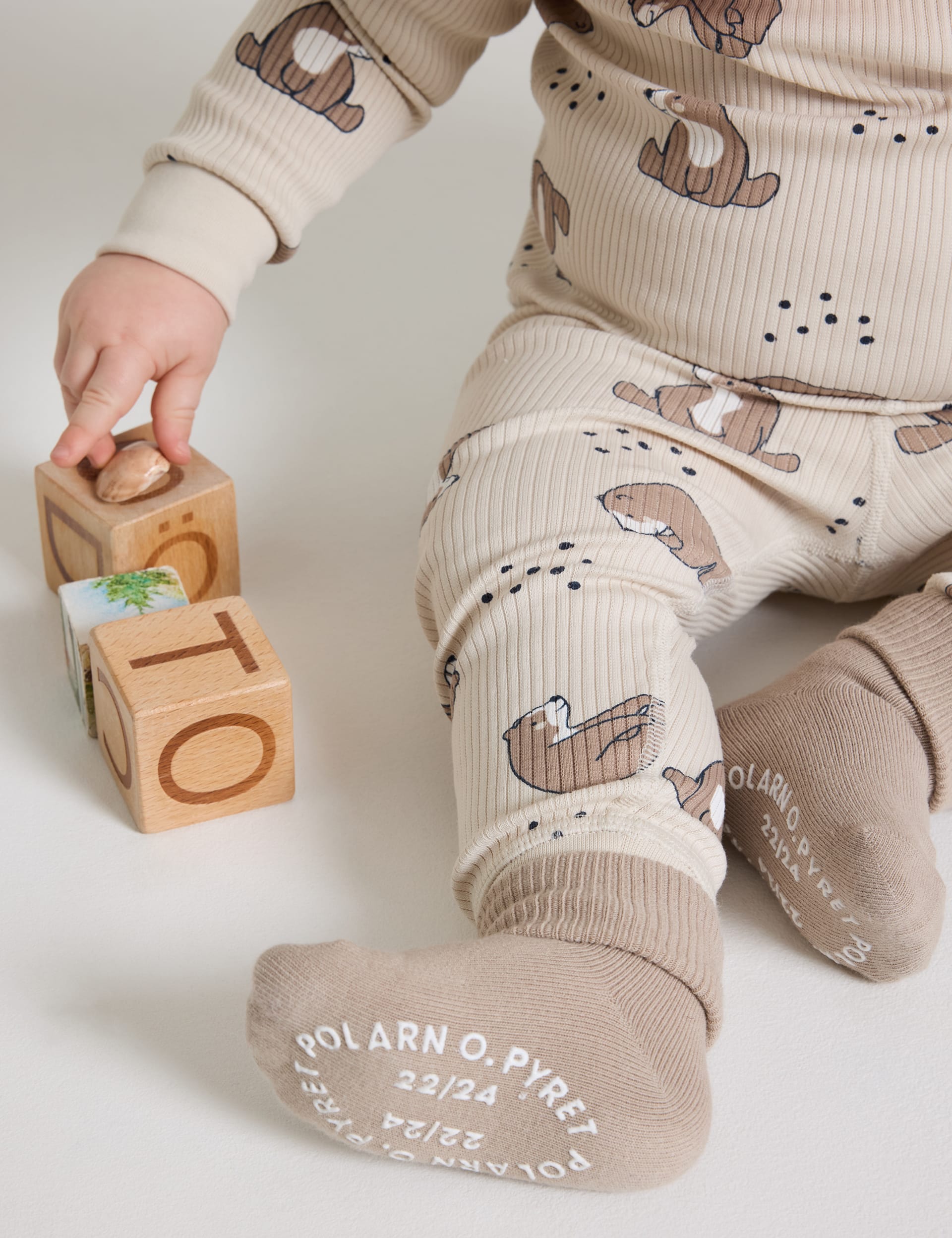 Polarn O. Pyret Cotton Rich Bear Print Leggings (1-12 Mths) - 4-6M - Beige Mix, Beige Mix