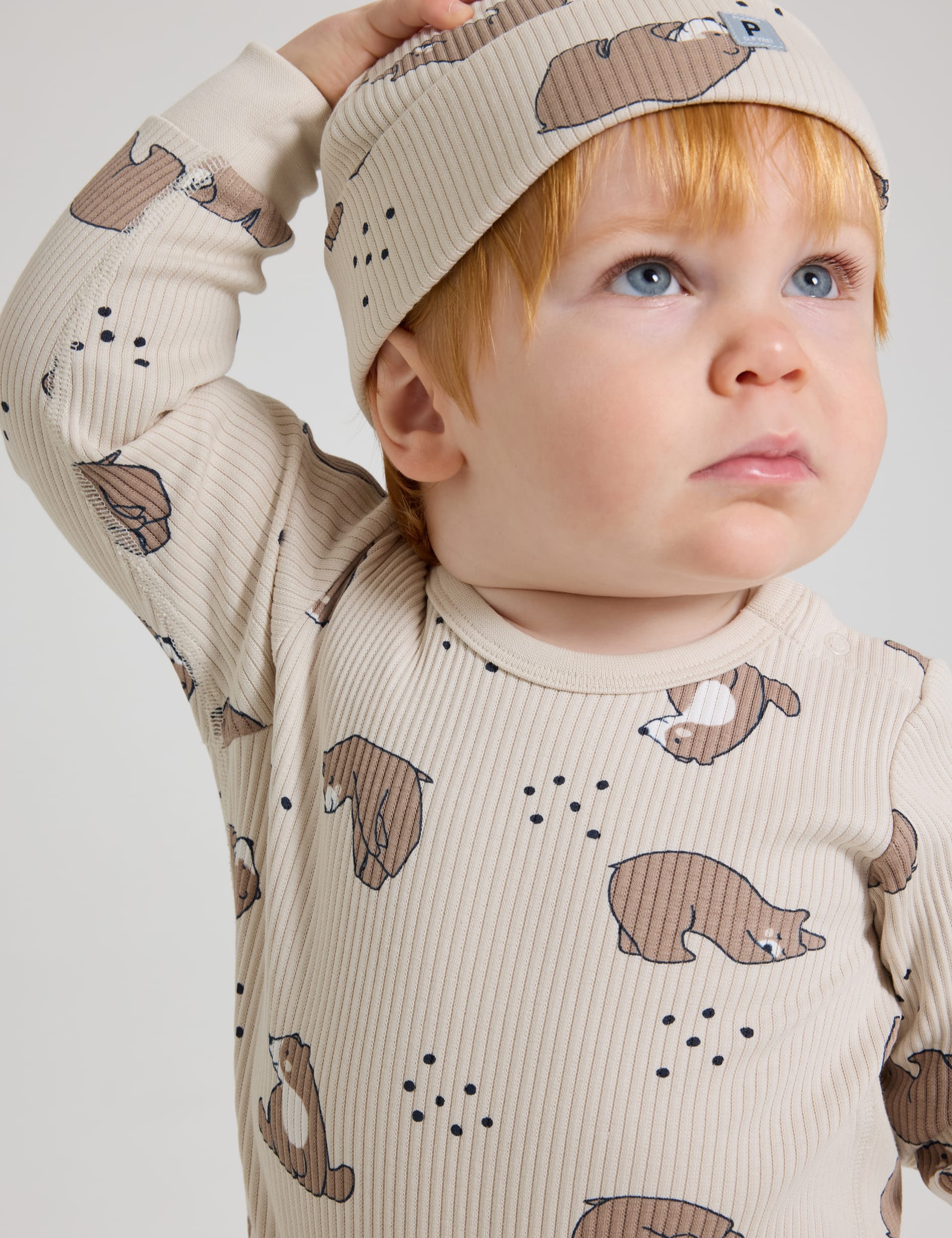 Polarn O. Pyret Cotton Rich Bear Print Bodysuit (1-12 Mths) - 6-9 M - Beige Mix, Beige Mix