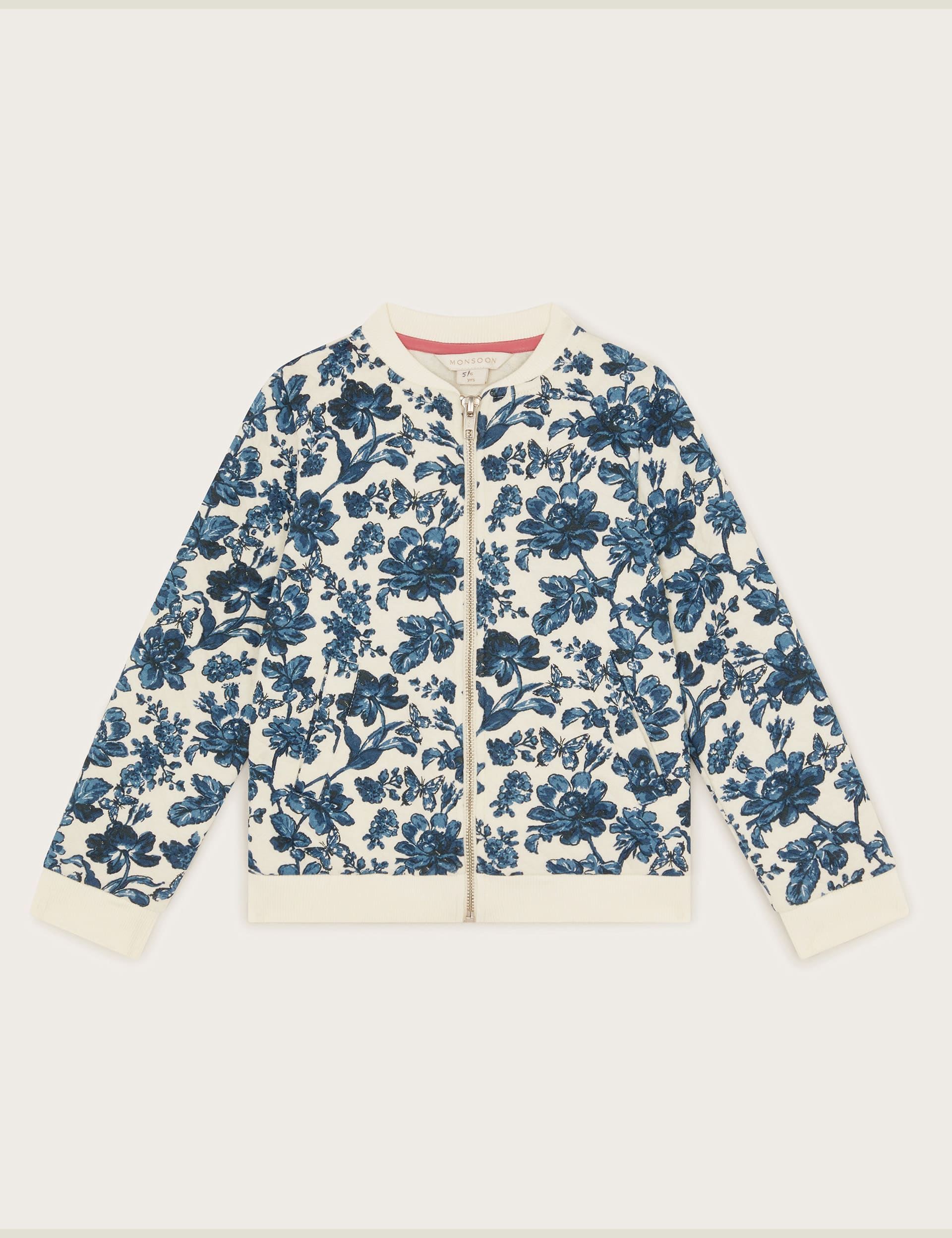 Monsoon Girls Pure Cotton Floral Quilted Bomber (3-13 Yrs) - 7-8 Y - White Mix, White Mix