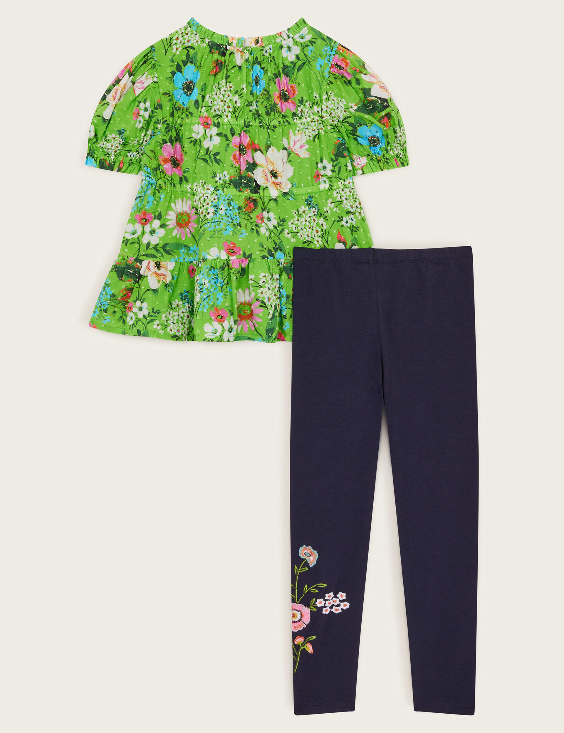 Monsoon Girls Pure Cotton Floral Top & Bottom Outfit (3-13 Yrs) - 5-6 Y - Green Mix, Green Mix