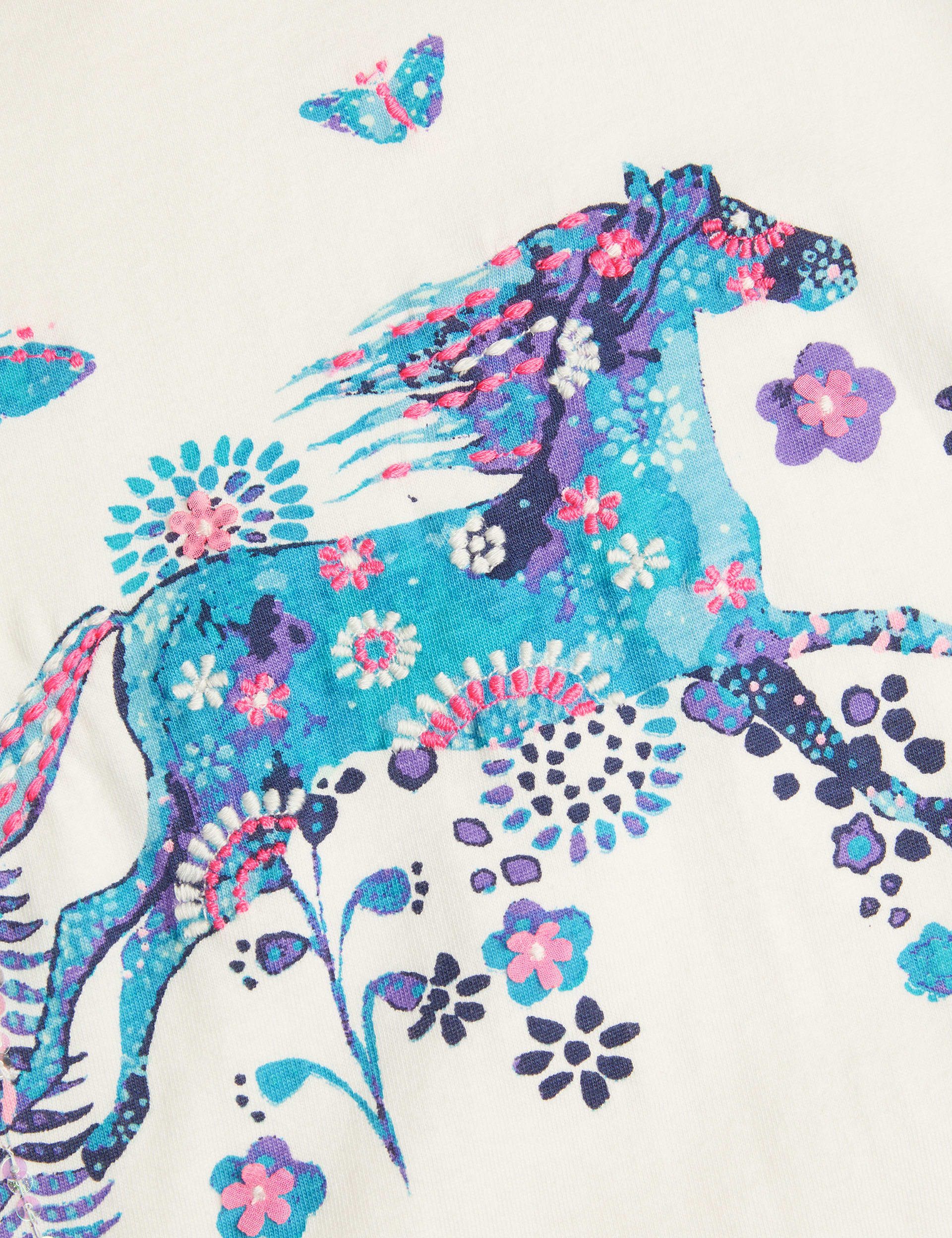 Monsoon Girls Pure Cotton Horse Print T-Shirt (3-13 Yrs) - 7-8 Y - Ivory Mix, Ivory Mix