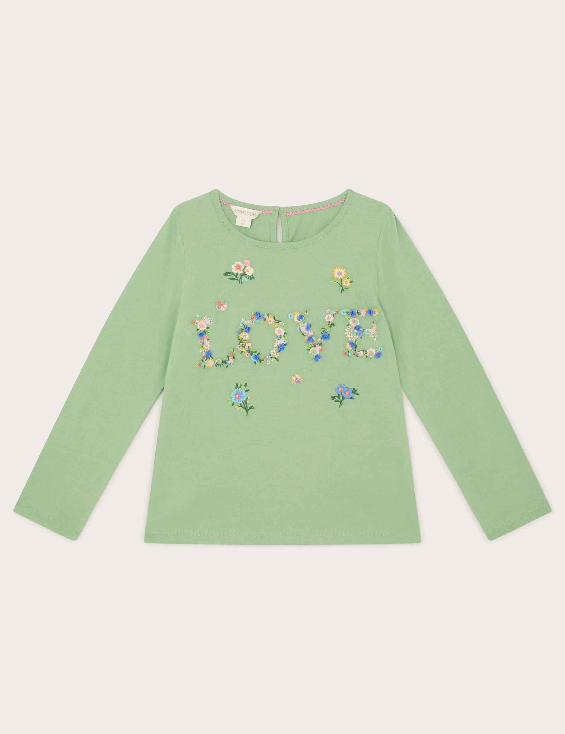 Monsoon Girls Pure Cotton Floral Slogan Top (3-13 Yrs) - 5-6 Y - Green Mix, Green Mix