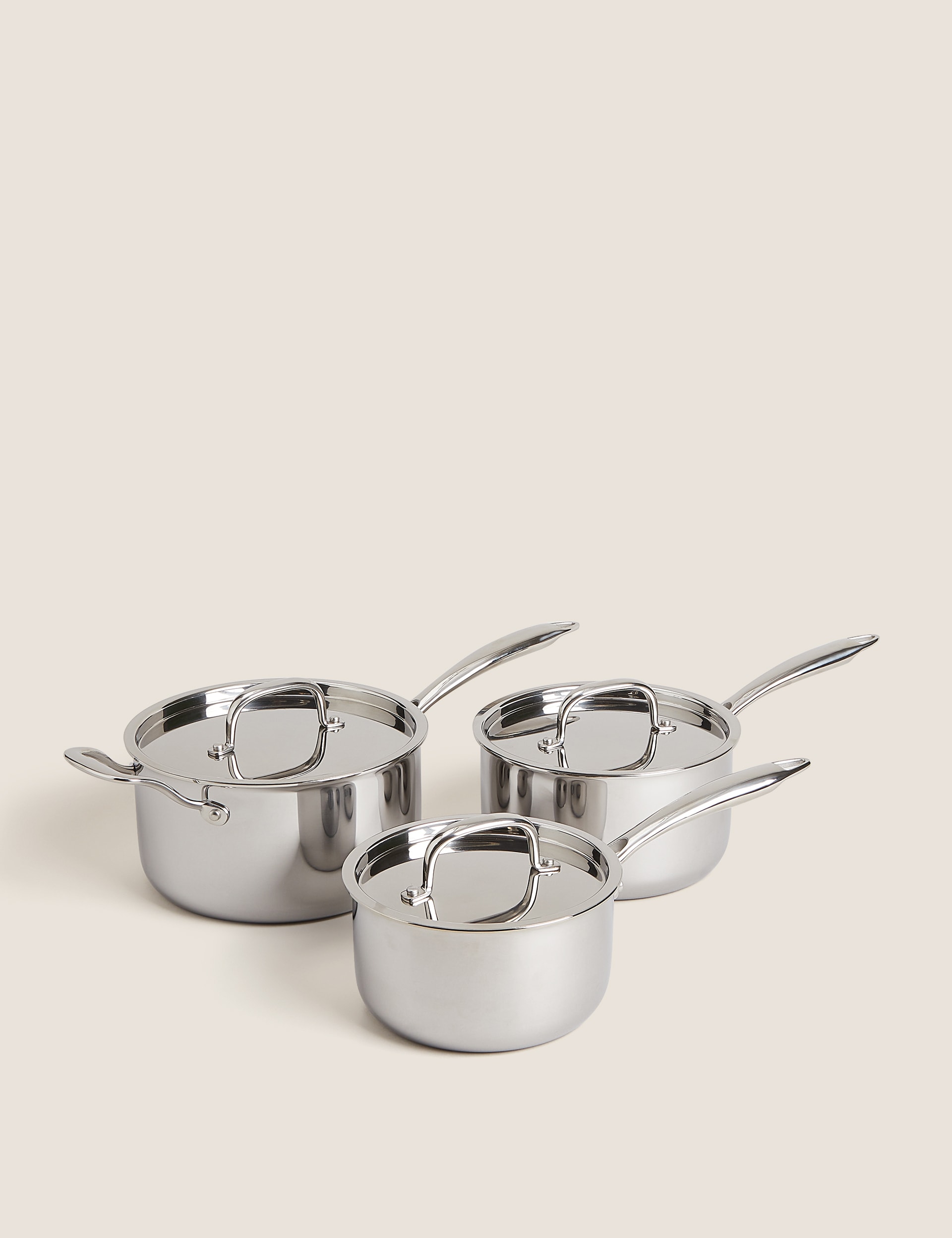 M&S Collection 3 Piece Tri Ply Pan Set - Silver, Silver